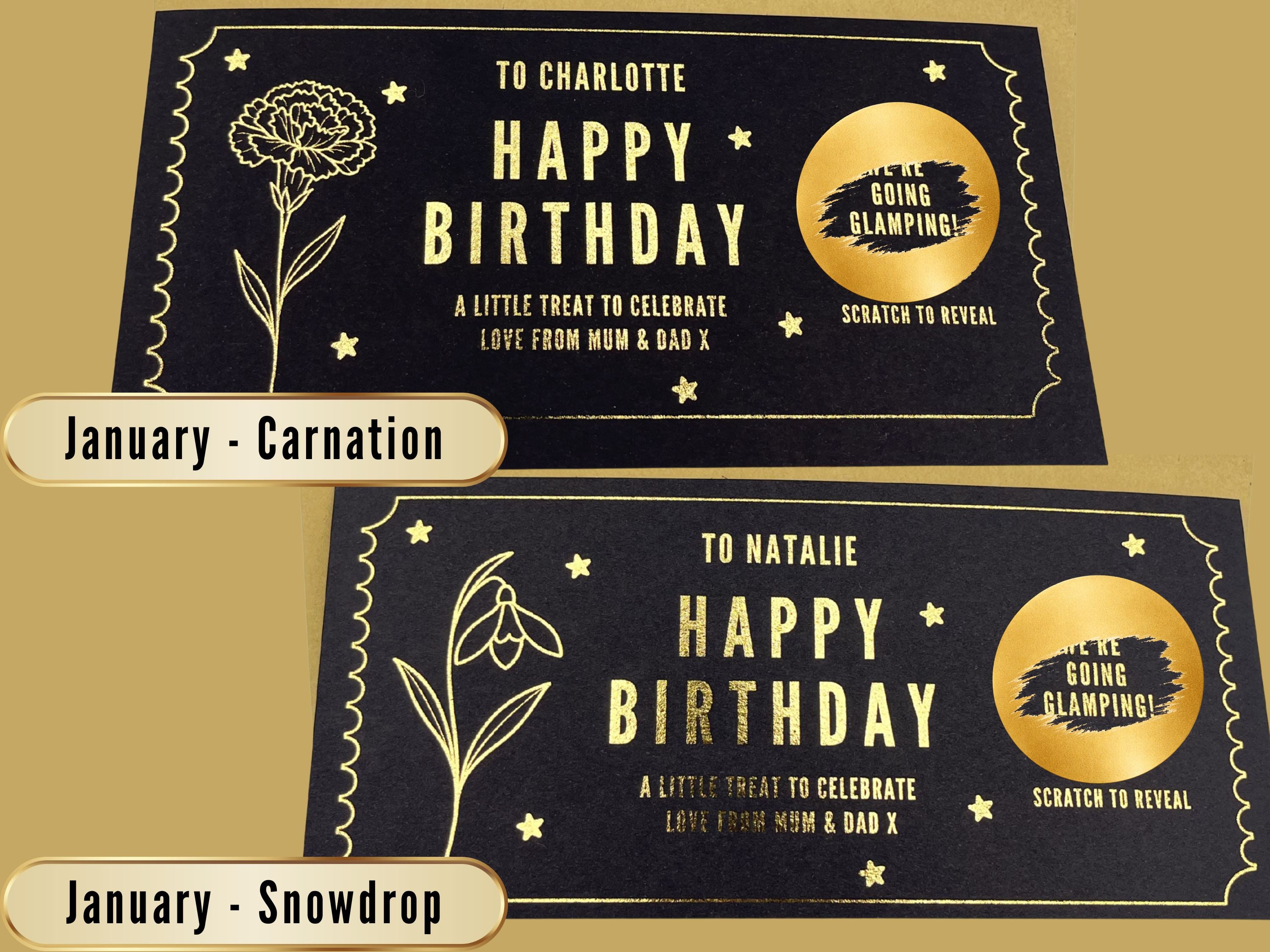 Personalised Gold Birth Month Flower Birthday Scratch Reveal Voucher