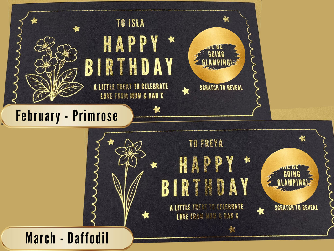 Personalised Gold Birth Month Flower Birthday Scratch Reveal Voucher