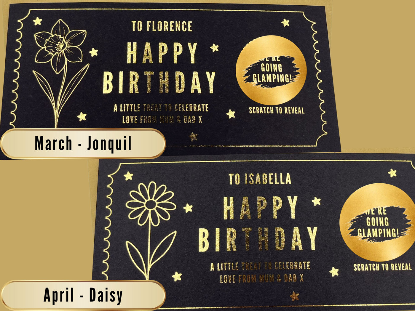 Personalised Gold Birth Month Flower Birthday Scratch Reveal Voucher