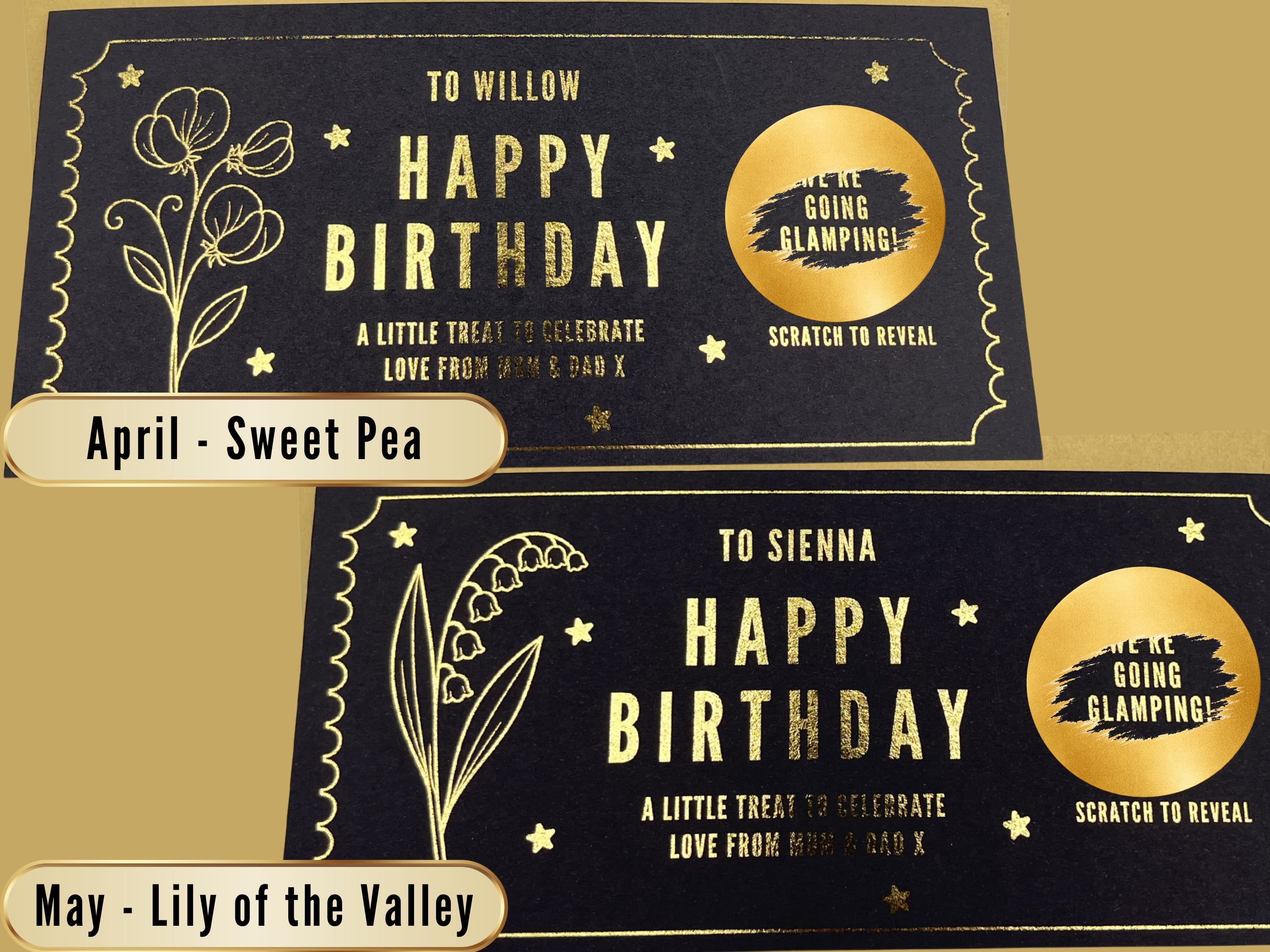 Personalised Gold Birth Month Flower Birthday Scratch Reveal Voucher