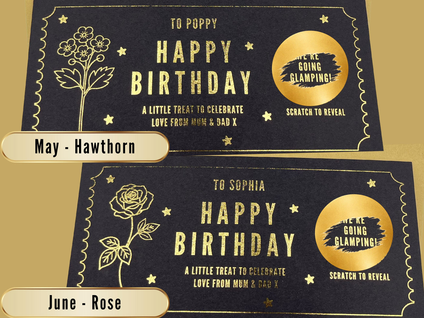 Personalised Gold Birth Month Flower Birthday Scratch Reveal Voucher
