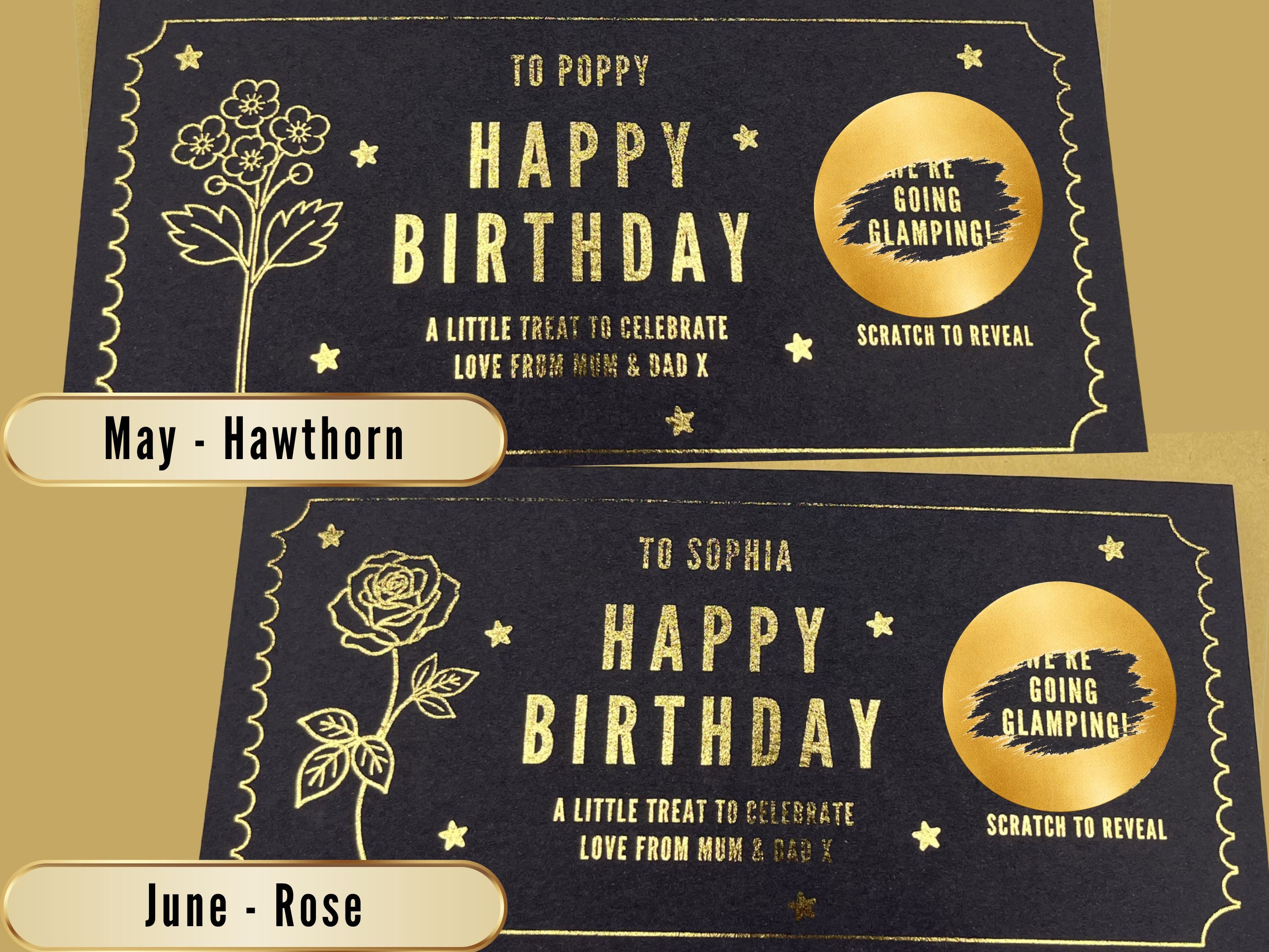Personalised Gold Birth Month Flower Birthday Scratch Reveal Voucher