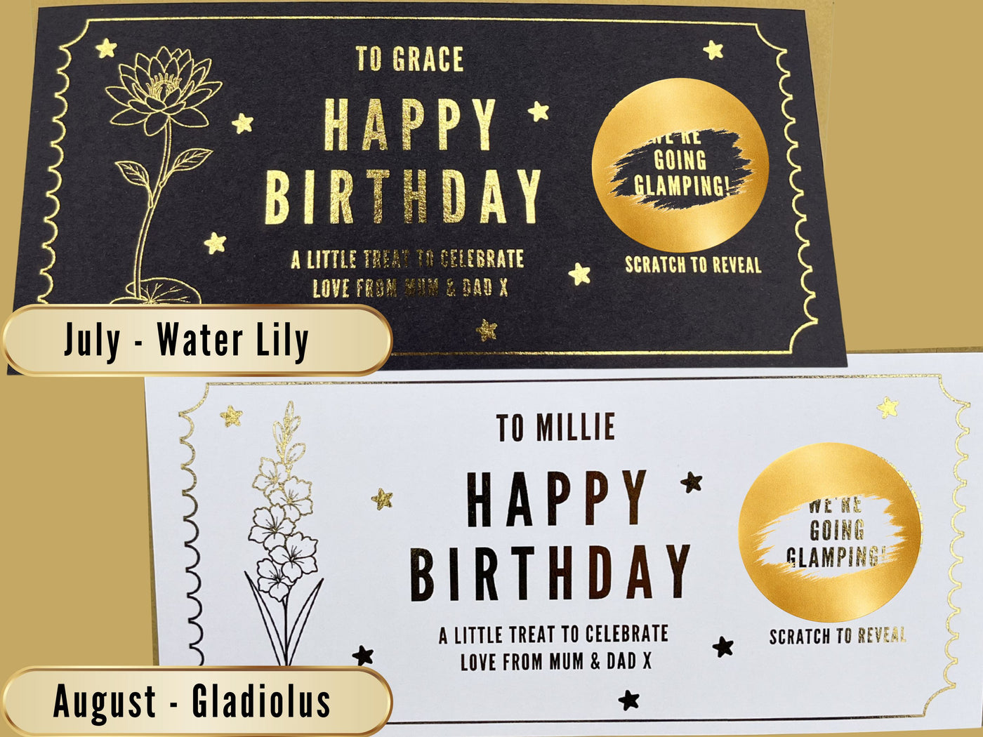 Personalised Gold Birth Month Flower Birthday Scratch Reveal Voucher