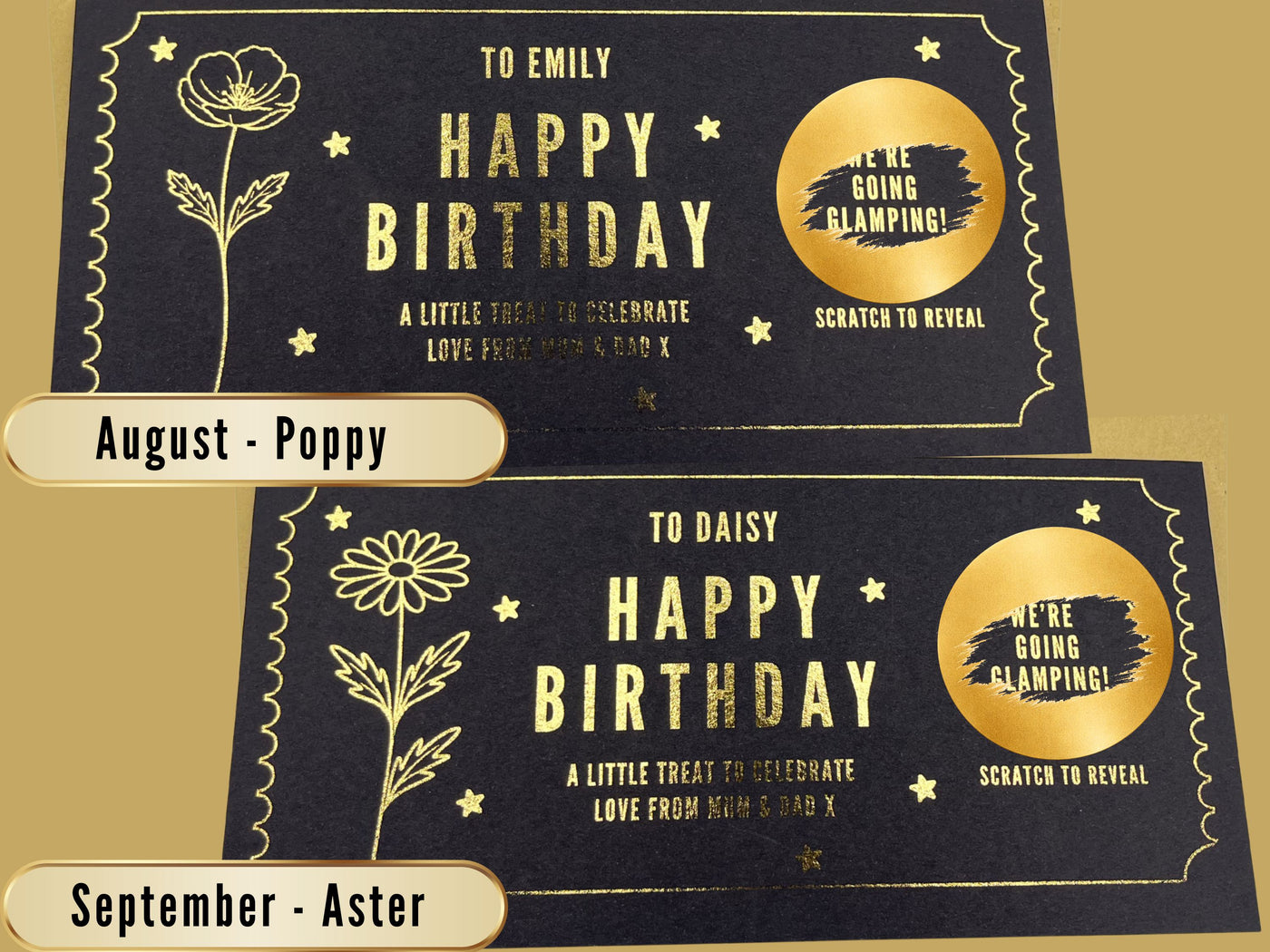Personalised Gold Birth Month Flower Birthday Scratch Reveal Voucher