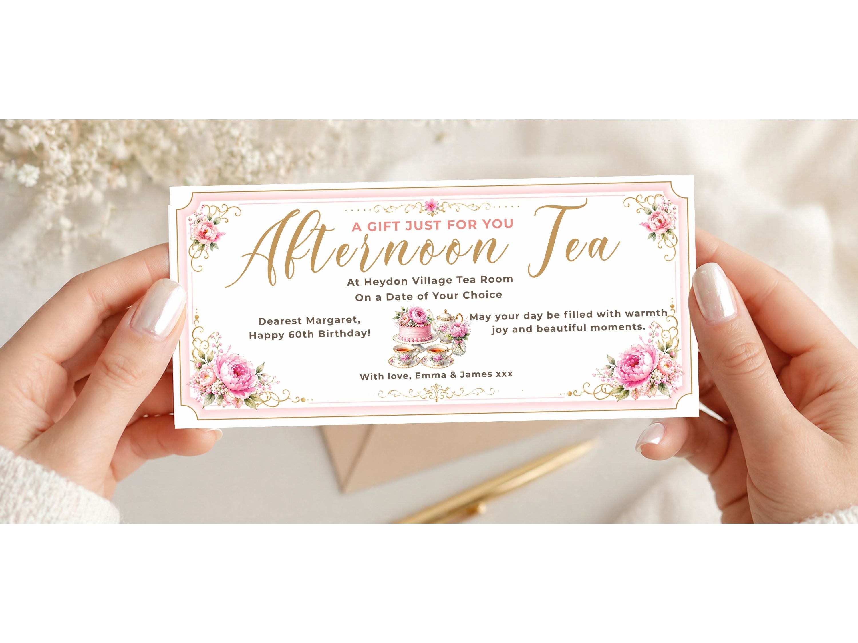 Personalised Afternoon Tea Gift Voucher Card – Elegant Floral Vintage Design
