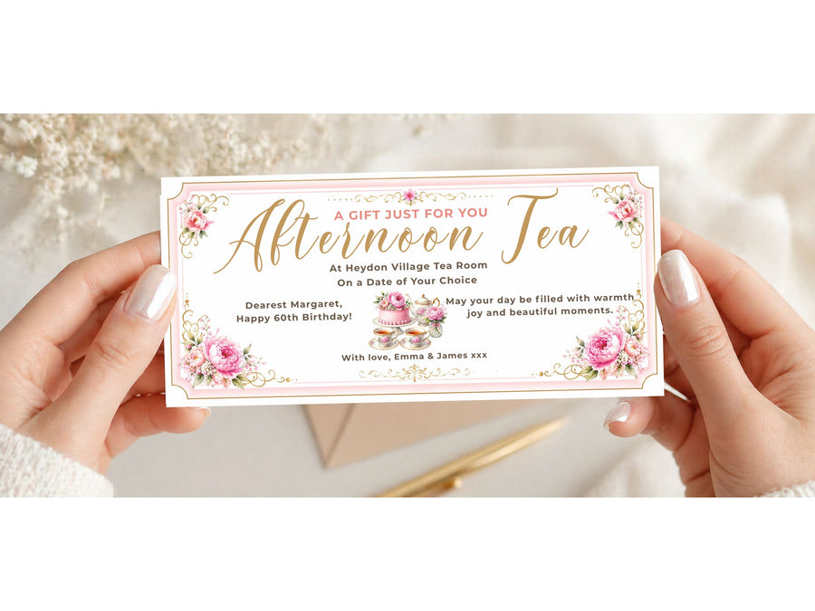 Personalised Afternoon Tea Gift Voucher Card – Elegant Floral Vintage Design