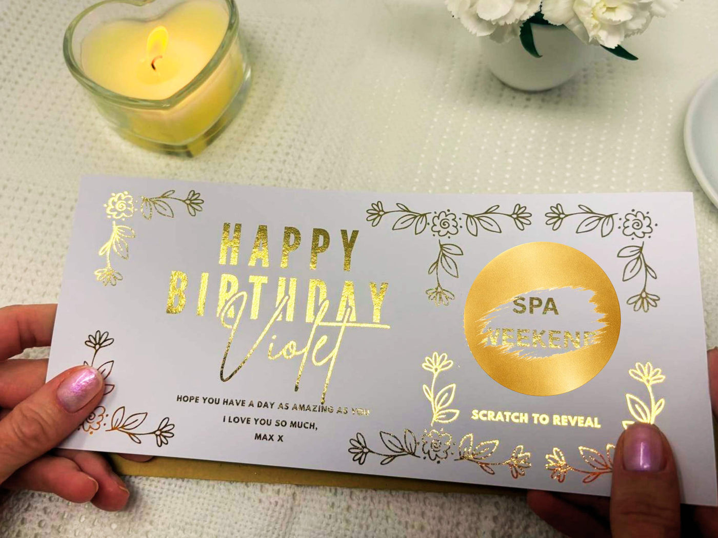 Floral Birthday Scratch Off Card, Personalised Surprise Voucher Gift