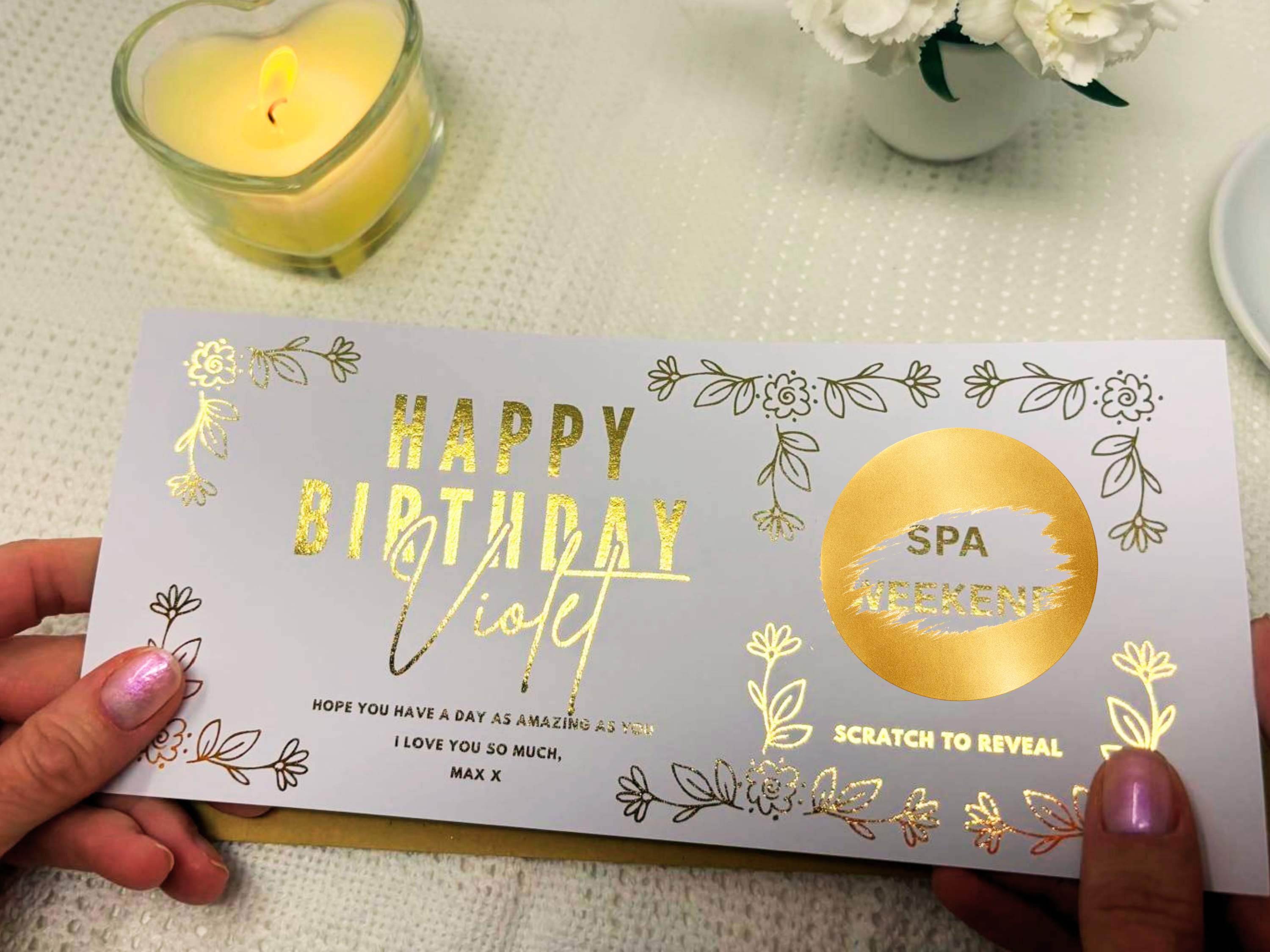 Floral Birthday Scratch Off Card, Personalised Surprise Voucher Gift