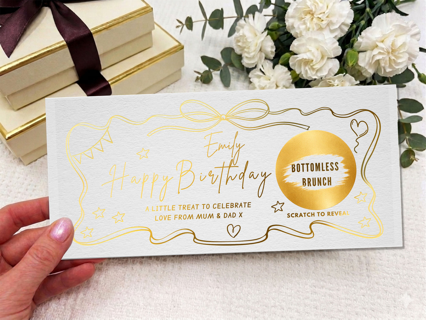 Luxury Personalised Scratch Off Birthday Card | Custom Gold Foil Surprise Reveal Voucher | Elegant Gift Experience Ticket