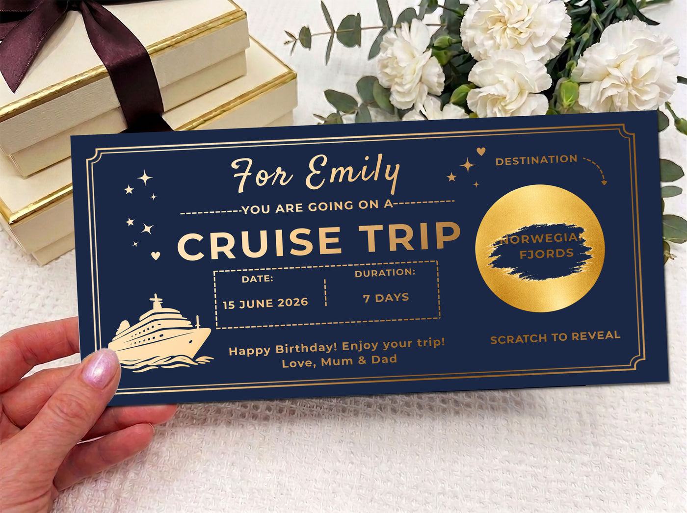 Personalised Cruise Trip Reveal Card - Luxury Gold Scratch Off Voyage Surprise Ticket