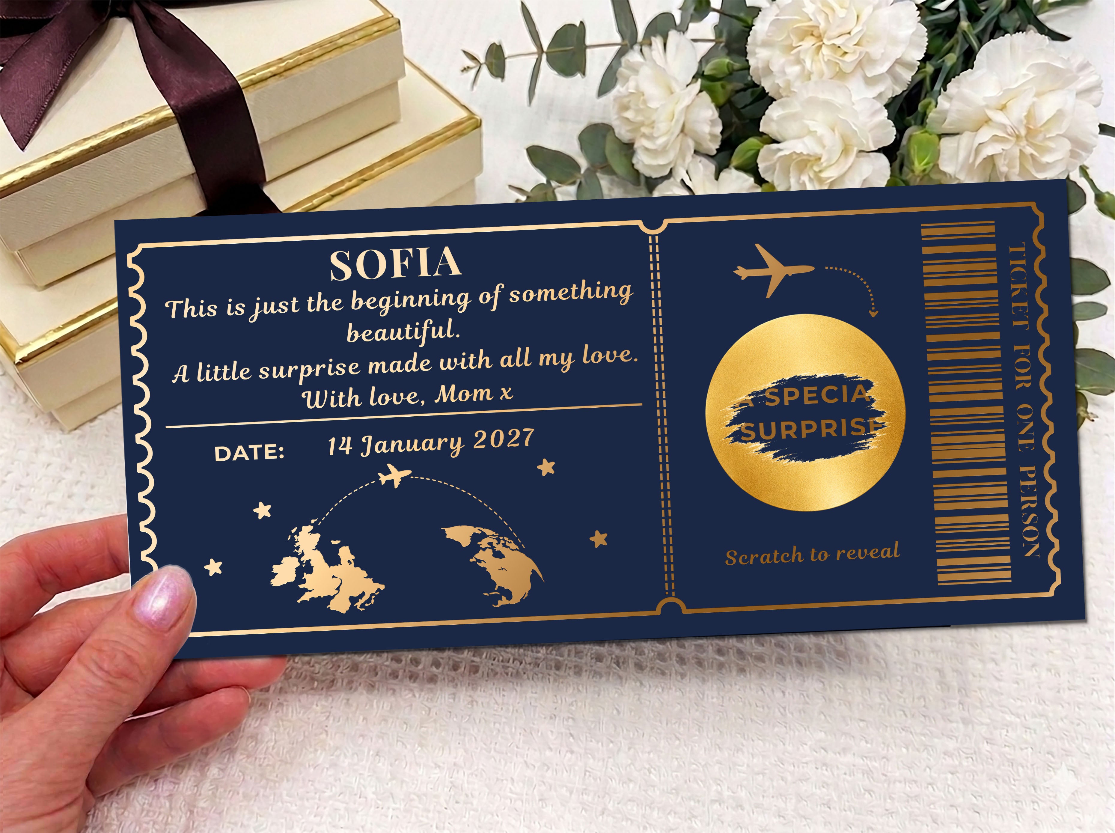 Personalised "Special Surprise" Scratch Reveal Ticket - Luxury Gold Event Style Voucher with Kraft Envelope