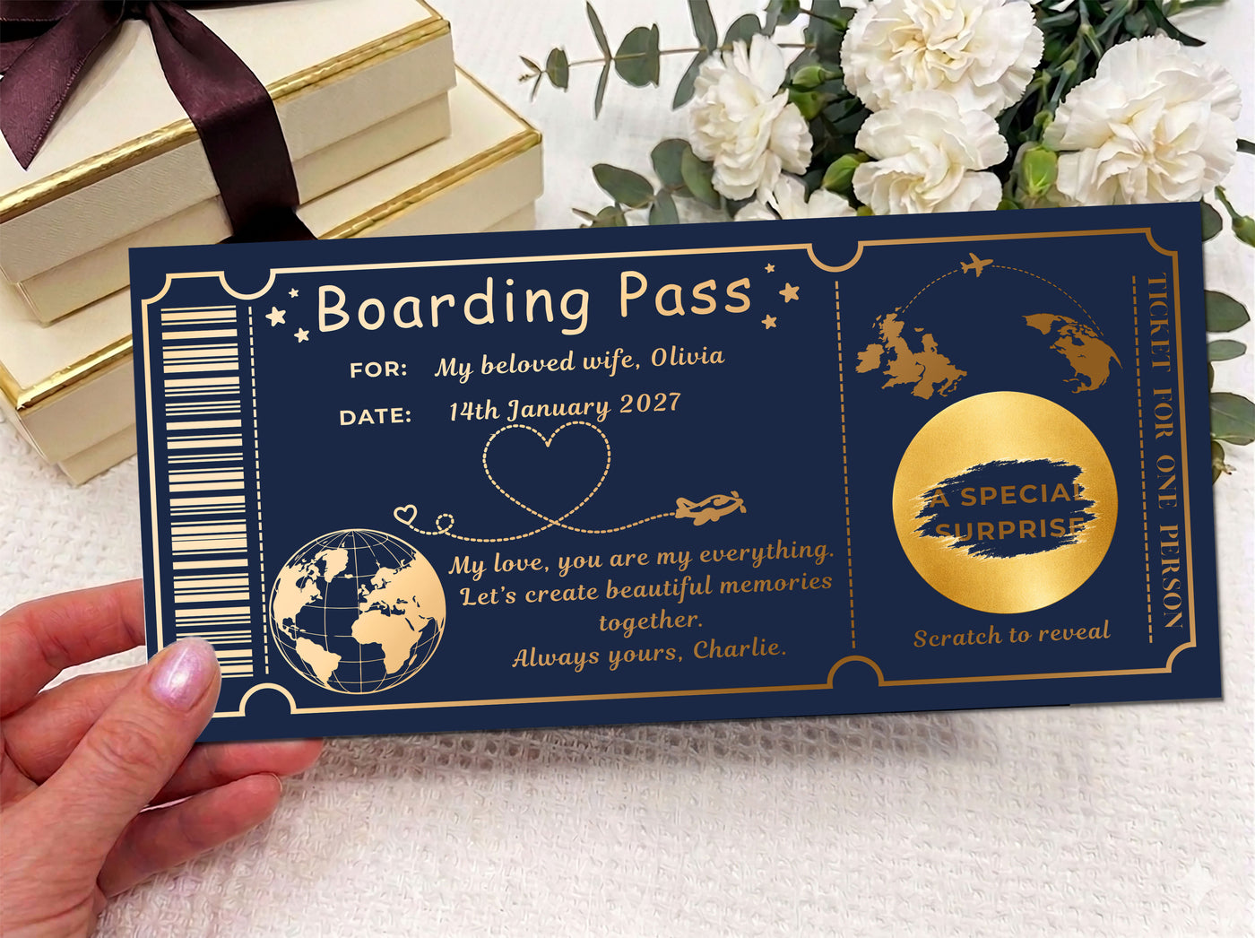 Personalised Romantic Boarding Pass Scratch Reveal - Gold Luxury Trip Ticket Voucher with Kraft Envelope