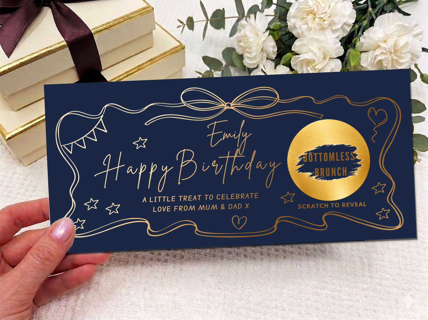 Personalised Luxury Birthday Scratch Card - Gold Line Art Surprise Reveal Voucher