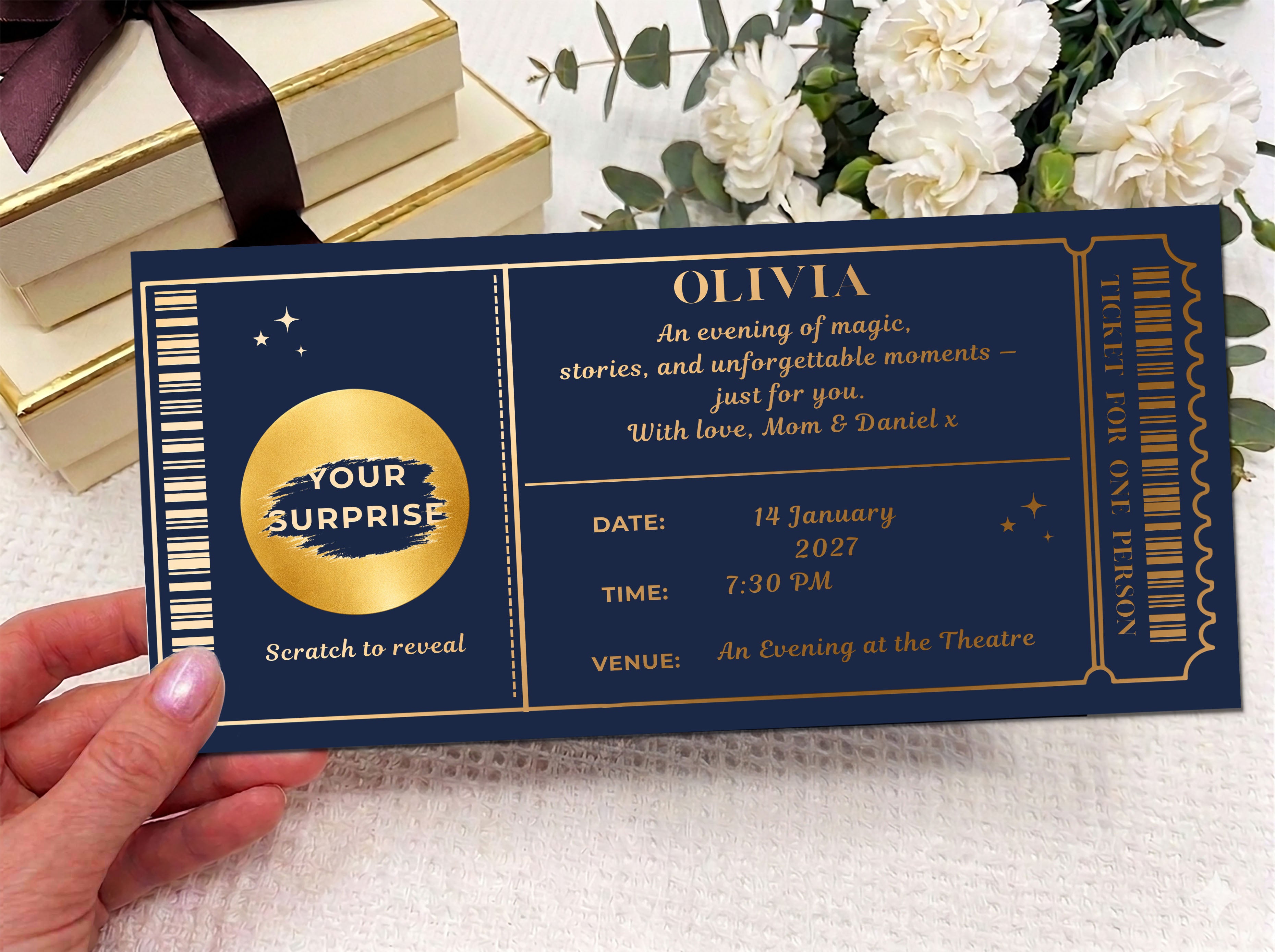 Personalised Theatre & Event Scratch Reveal Ticket - Luxury Gold Ticket Voucher for Concerts & Shows with Kraft Envelope