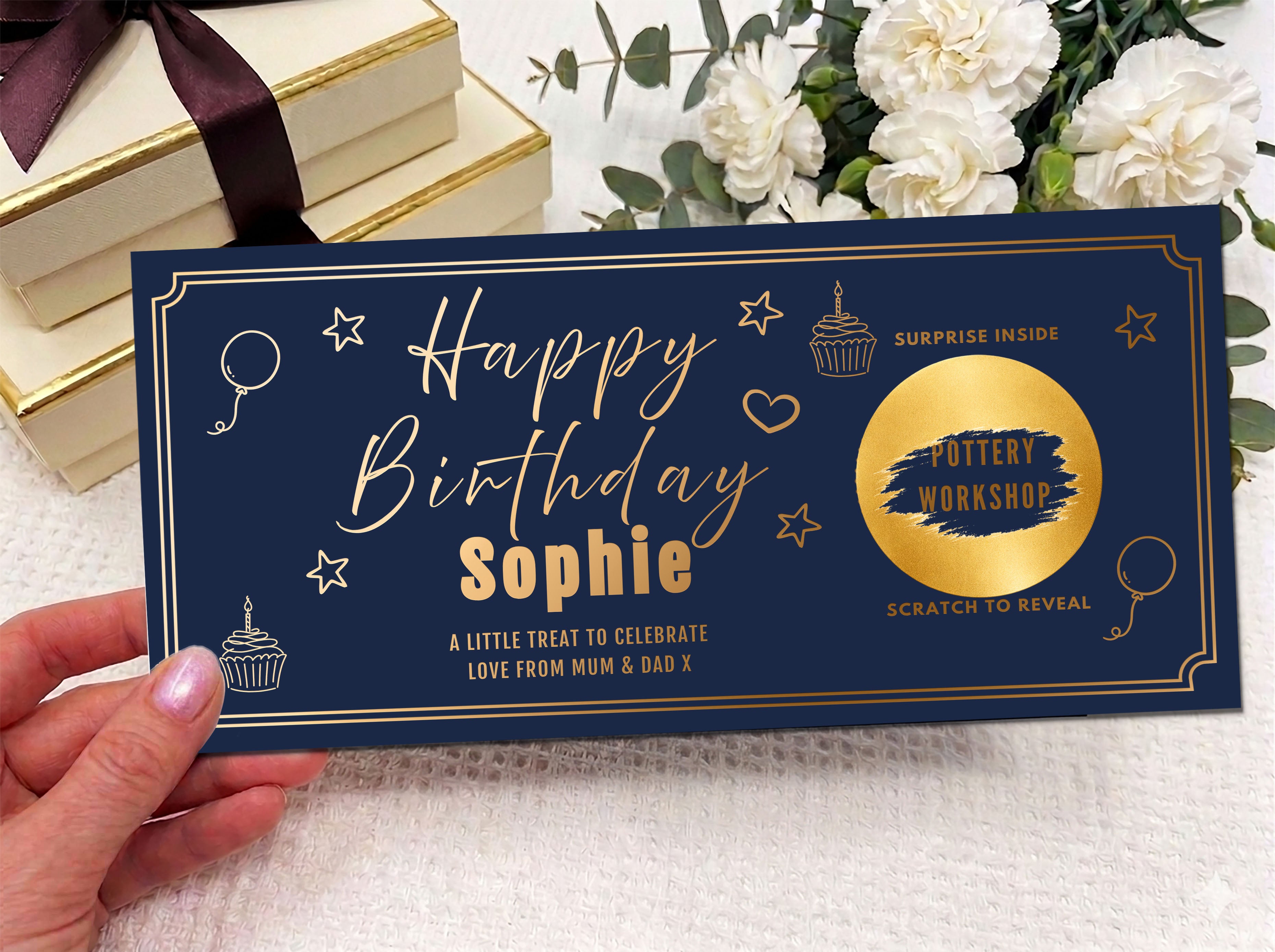 Personalised Black & Gold Art Deco Birthday Scratch Card - Luxury Experience Reveal Ticket