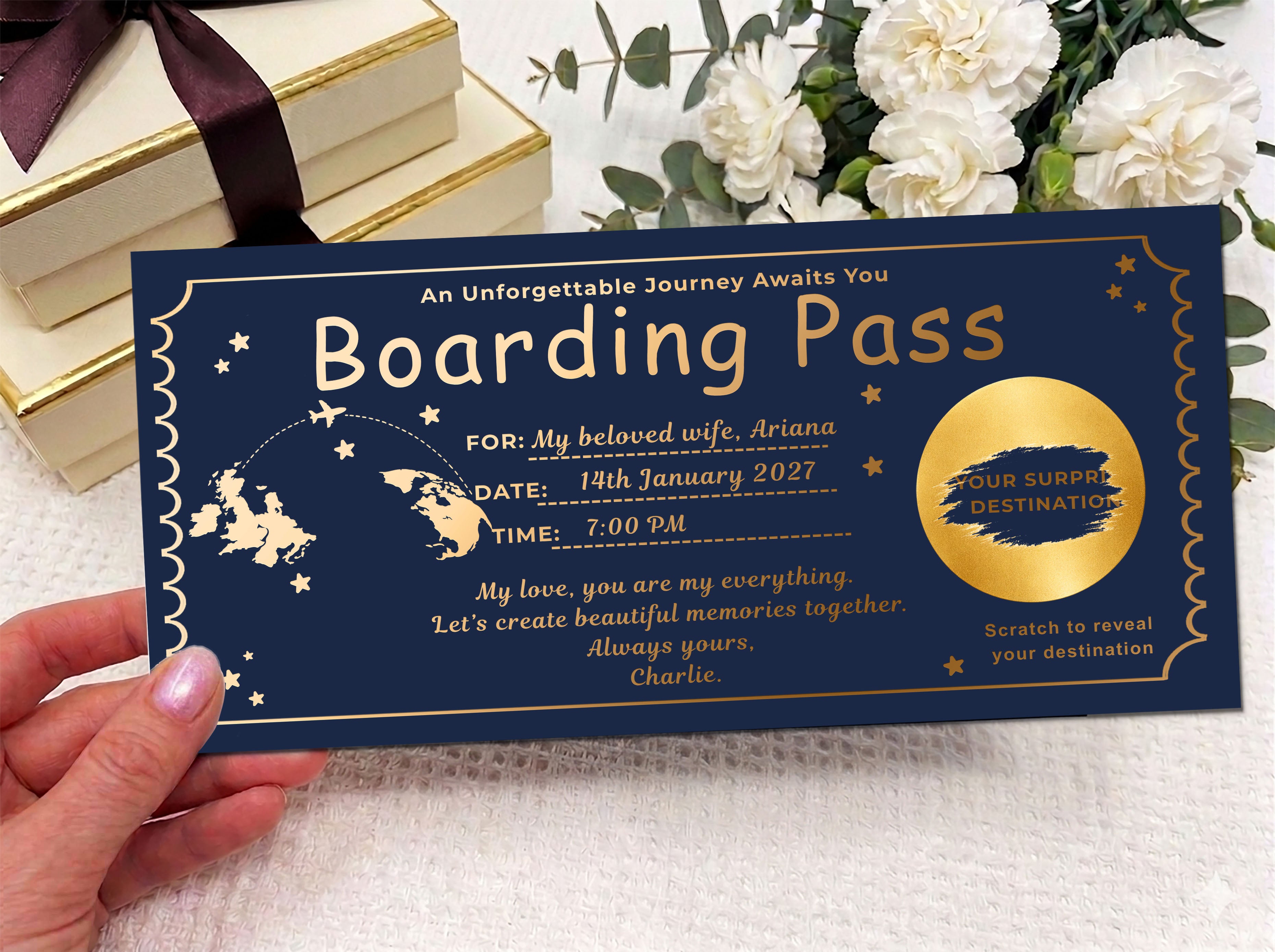 Personalised Holiday Reveal Boarding Pass - Luxury Scratch & Reveal Travel Ticket Voucher with Kraft Envelope