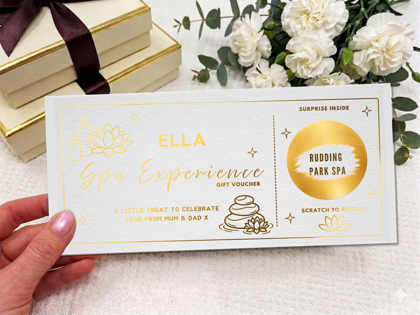Personalised Spa Experience Gift Voucher - Luxury Gold Scratch Reveal Card
