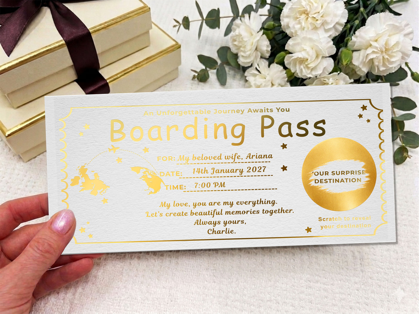 Personalised Holiday Reveal Boarding Pass - Luxury Scratch & Reveal Travel Ticket Voucher with Kraft Envelope