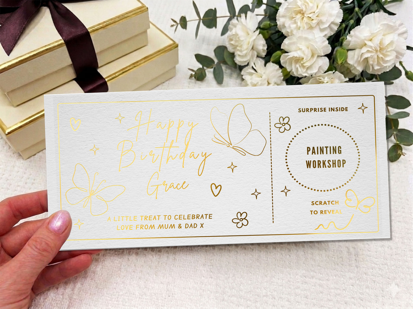 Personalised Butterfly Birthday Scratch Card - Luxury Floral Surprise Reveal Voucher
