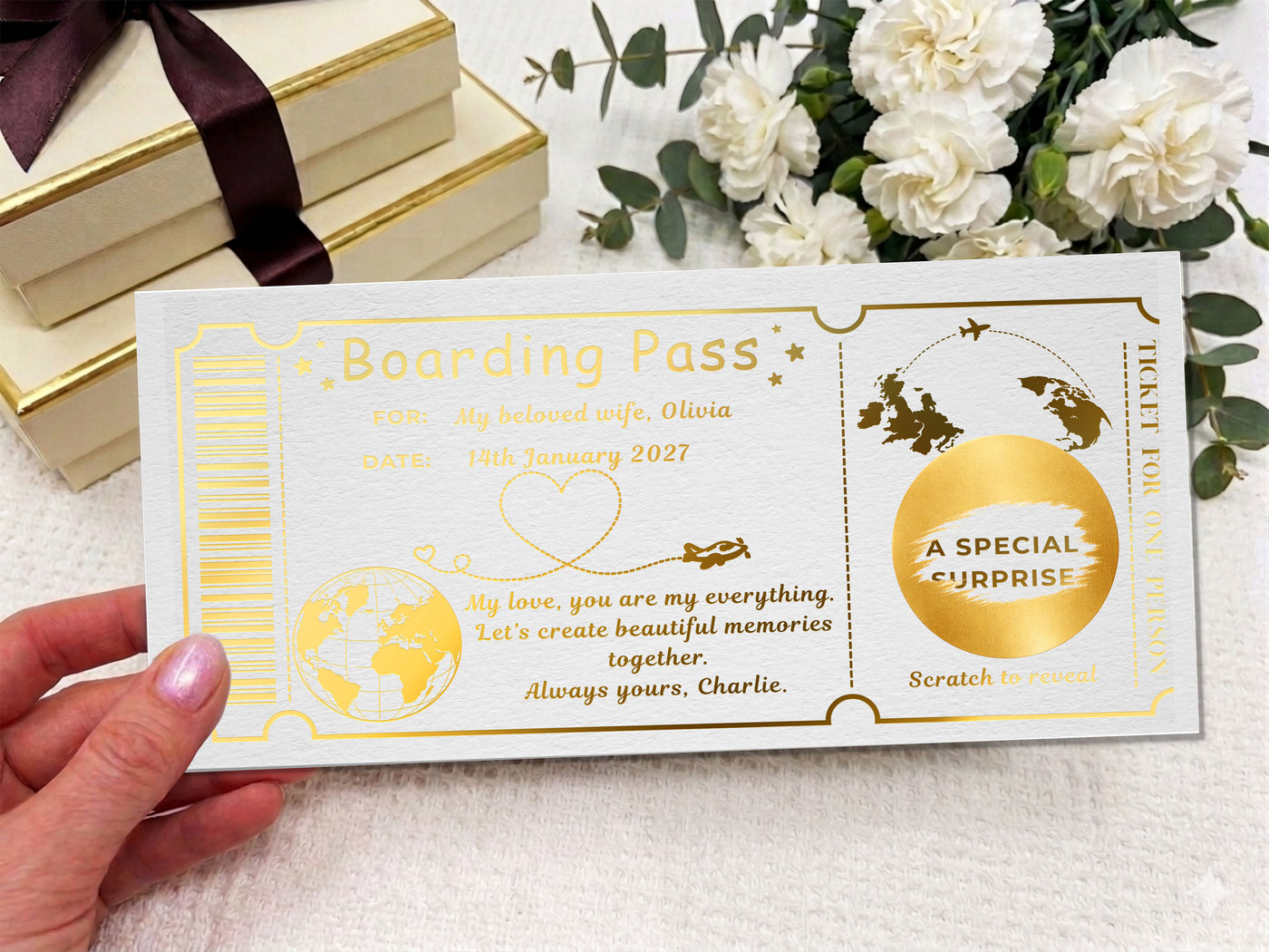 Personalised Romantic Boarding Pass Scratch Reveal - Gold Luxury Trip Ticket Voucher with Kraft Envelope