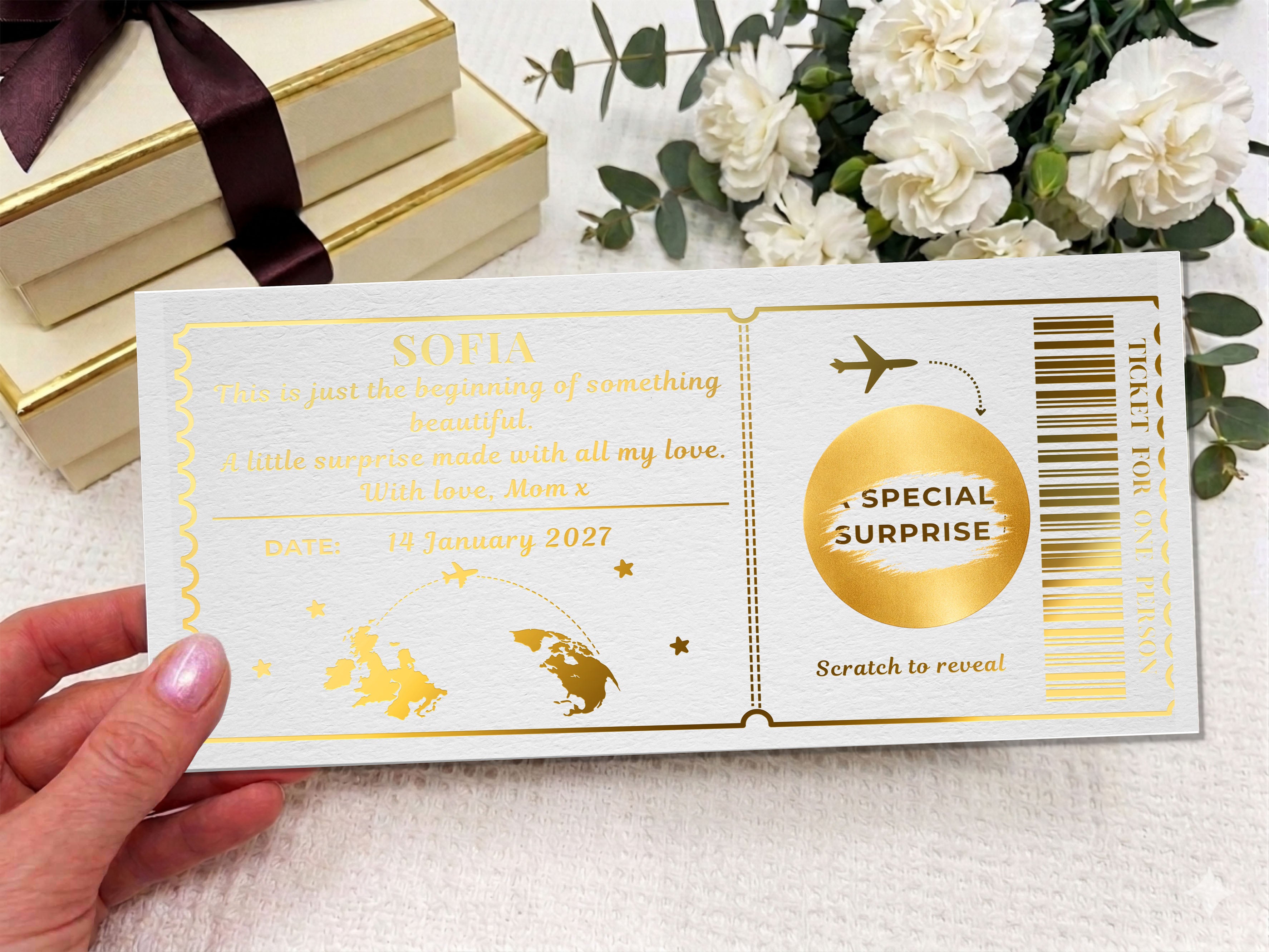 Personalised "Special Surprise" Scratch Reveal Ticket - Luxury Gold Event Style Voucher with Kraft Envelope