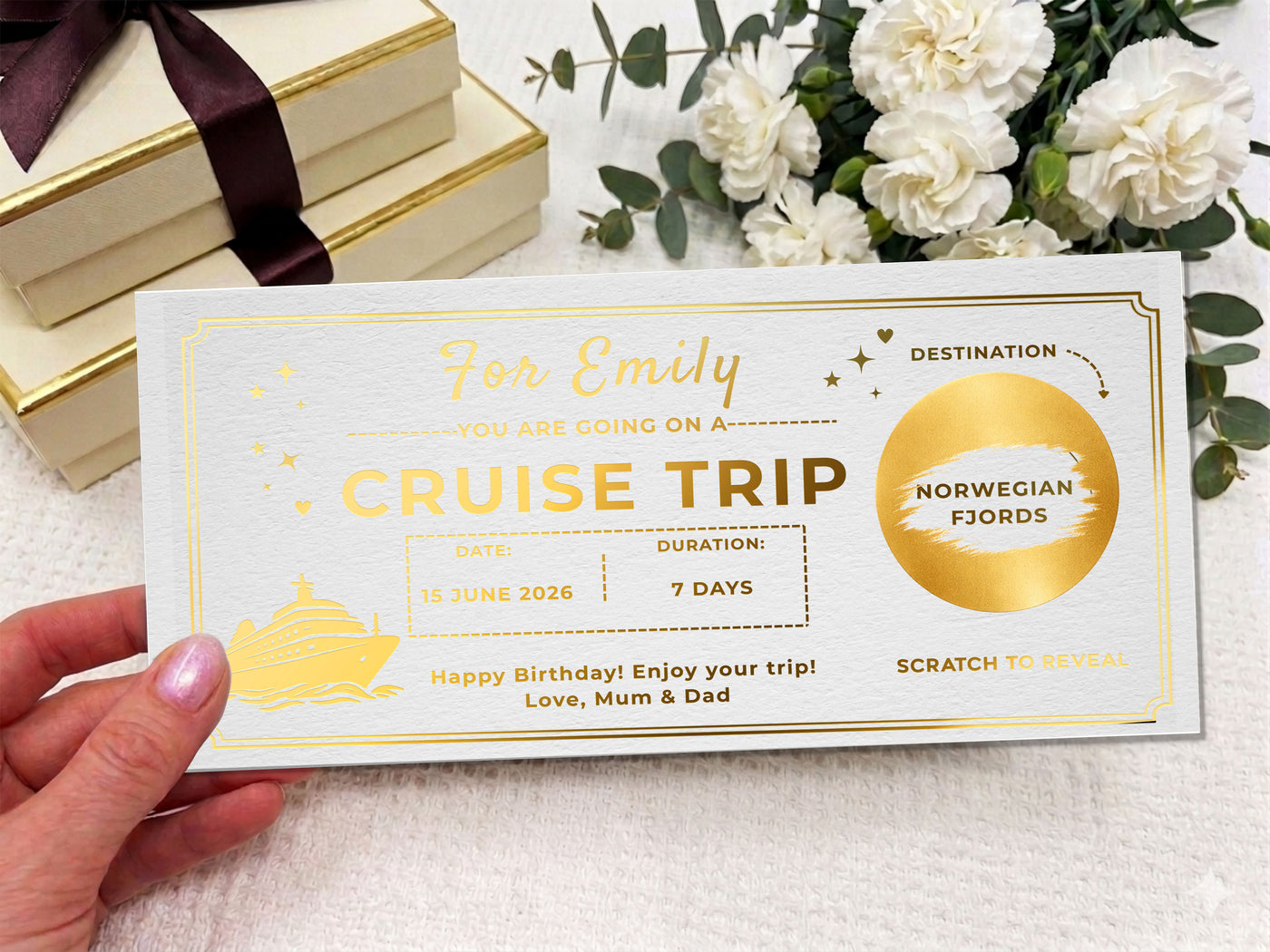 Personalised Cruise Trip Reveal Card - Luxury Gold Scratch Off Voyage Surprise Ticket
