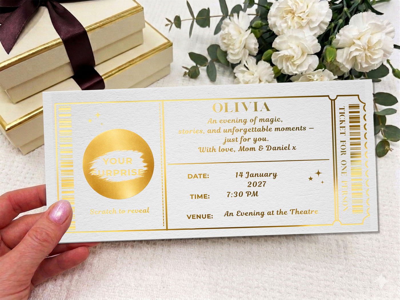 Personalised Theatre & Event Scratch Reveal Ticket - Luxury Gold Ticket Voucher for Concerts & Shows with Kraft Envelope