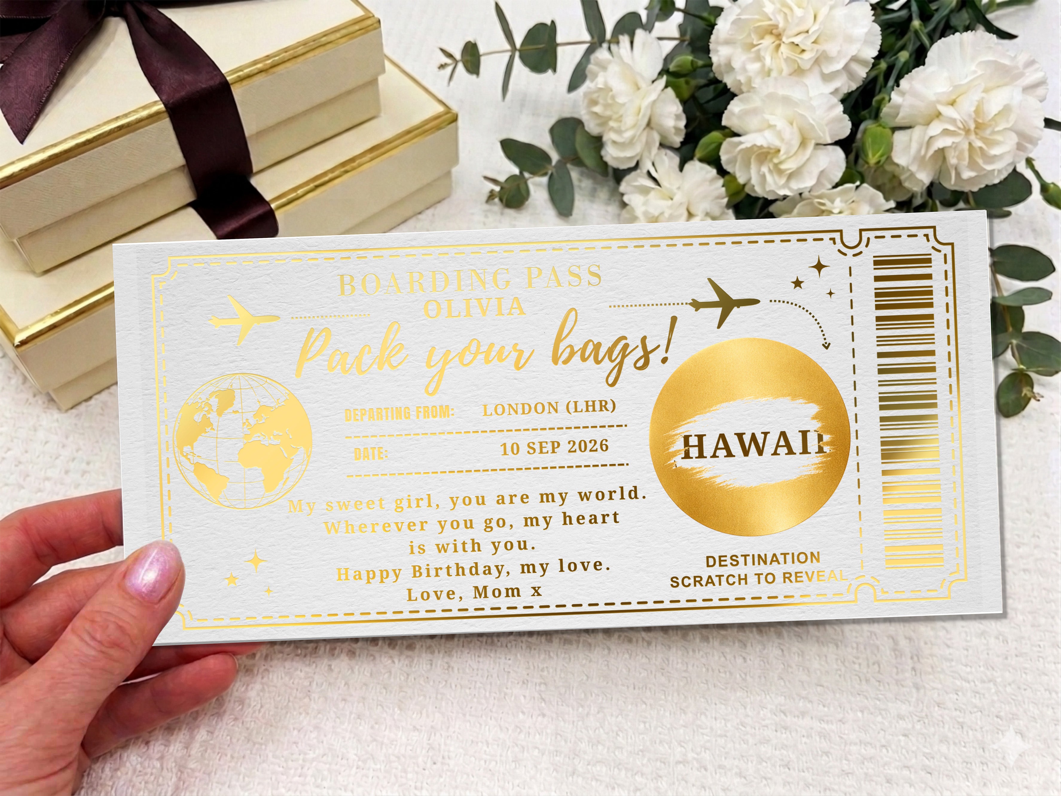 Personalized Boarding Pass Gift Voucher, Physical Travel Gift Ticket, Scratch Off Trip Reveal, Premium Printed Certificate 3 Colors