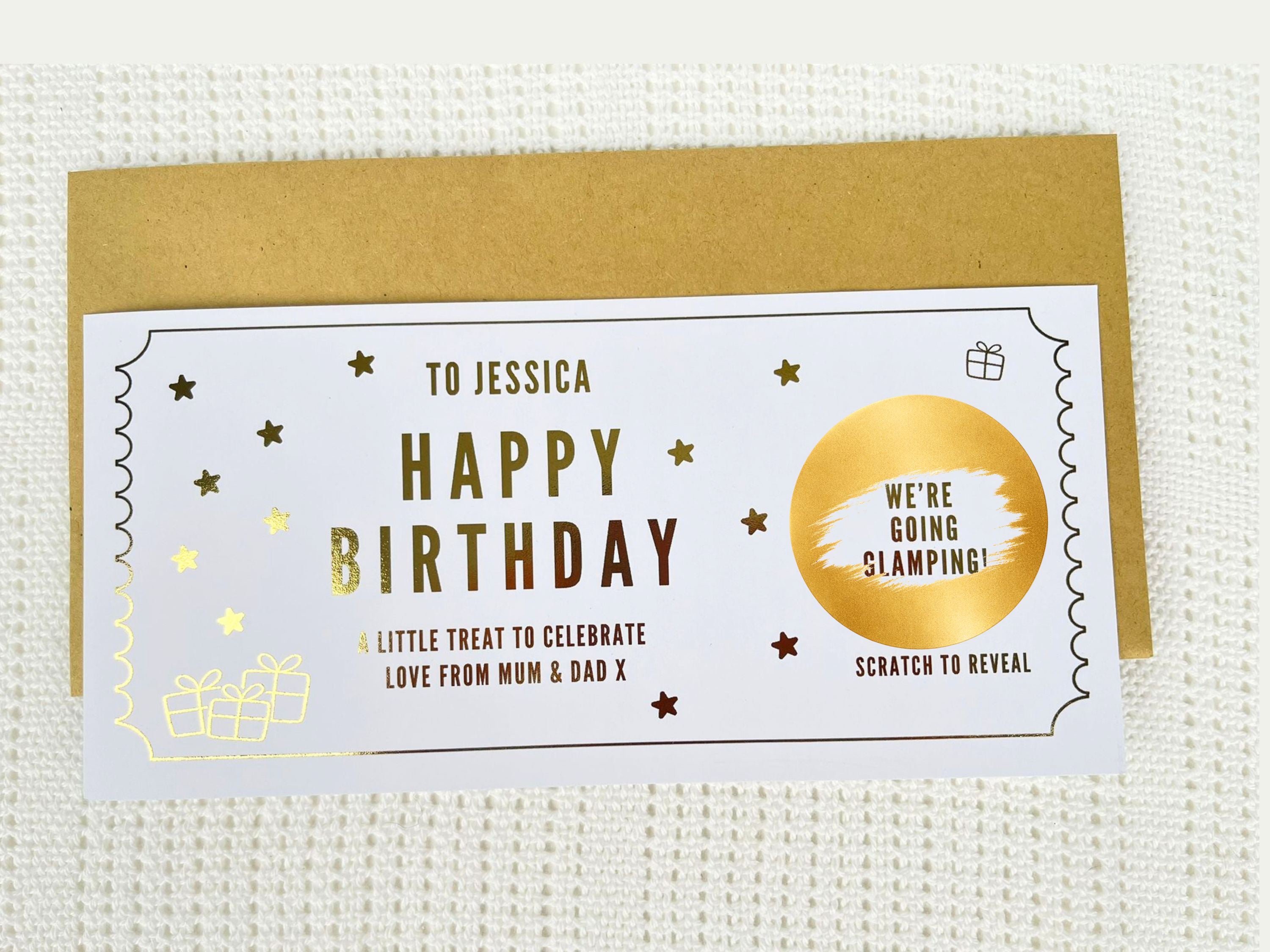 Golden Birthday Scratch Card Voucher, Personalised Surprise Gift Ticket
