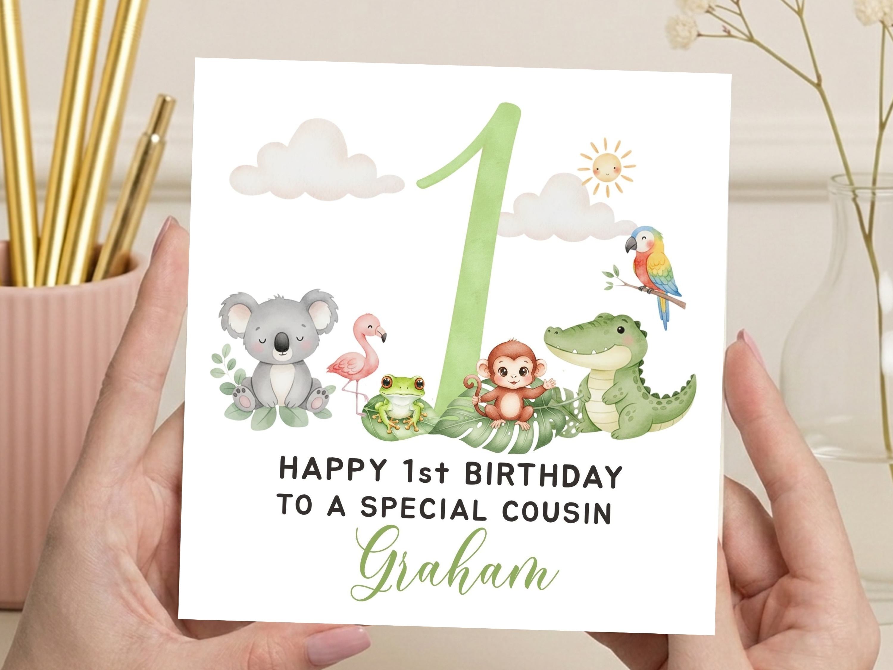 Personalised 1st Birthday Jungle Card - Watercolor Animal Safari Theme - Any Relation