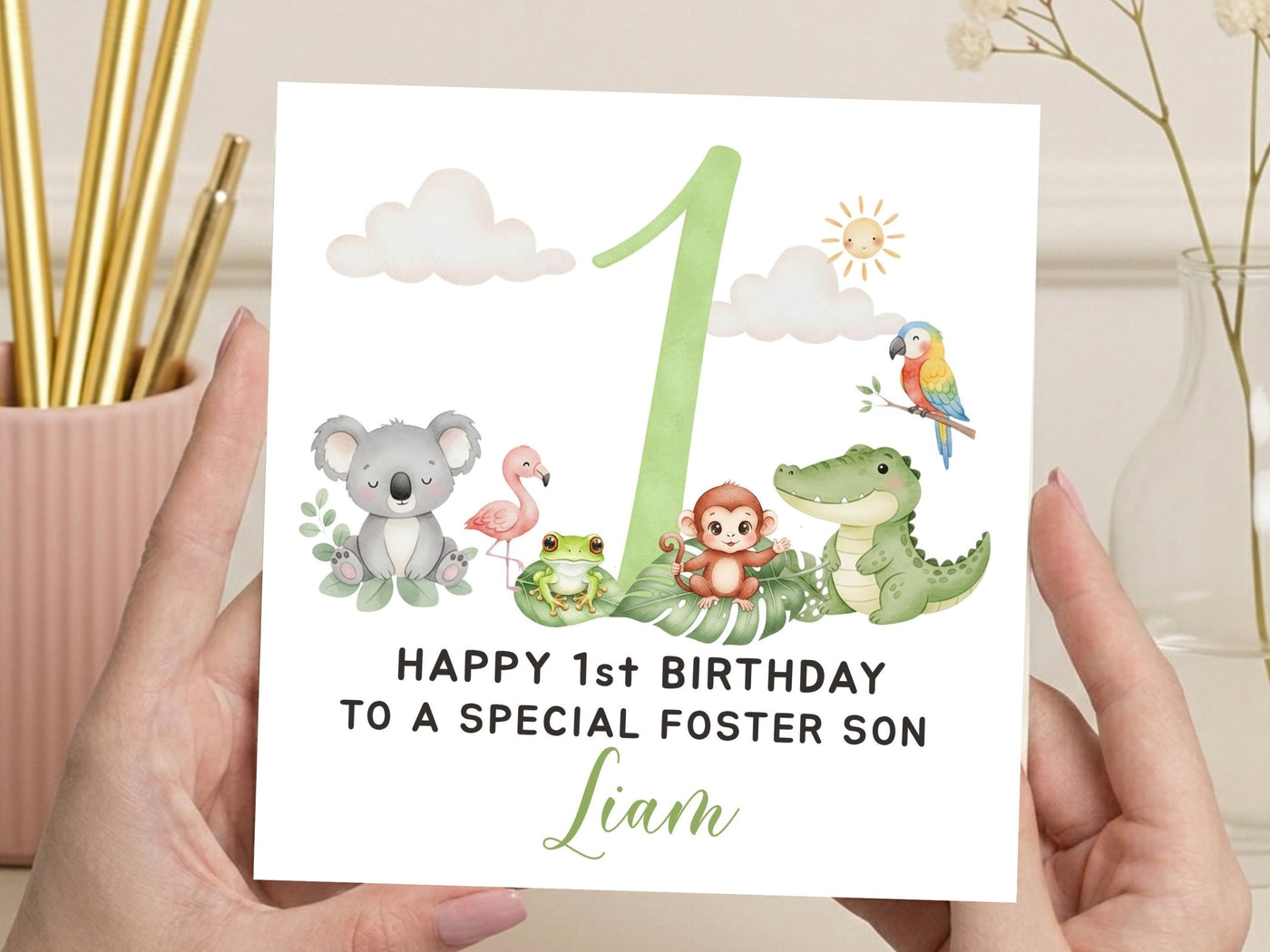 Personalised 1st Birthday Jungle Card - Watercolor Animal Safari Theme - Any Relation