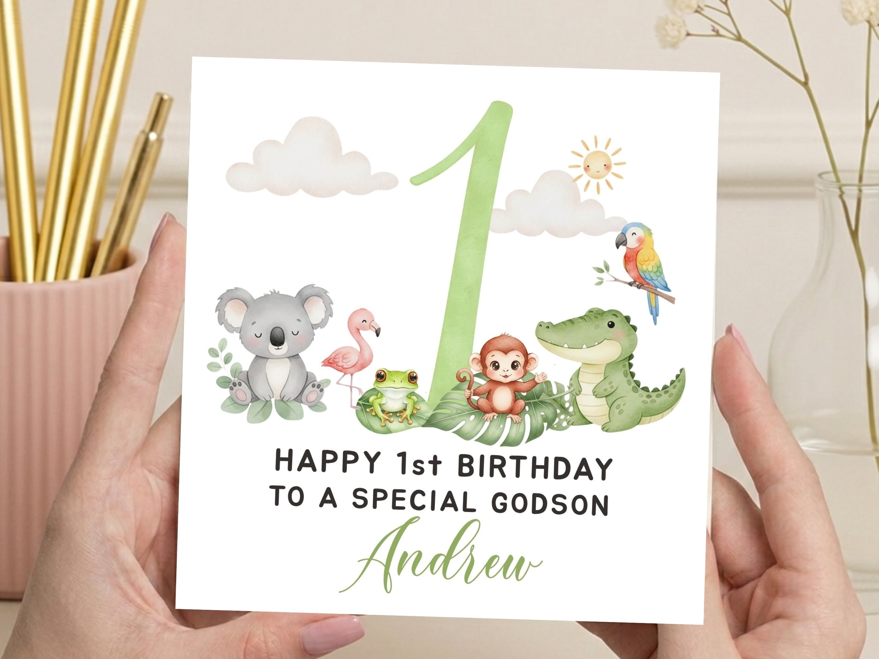 Personalised 1st Birthday Jungle Card - Watercolor Animal Safari Theme - Any Relation