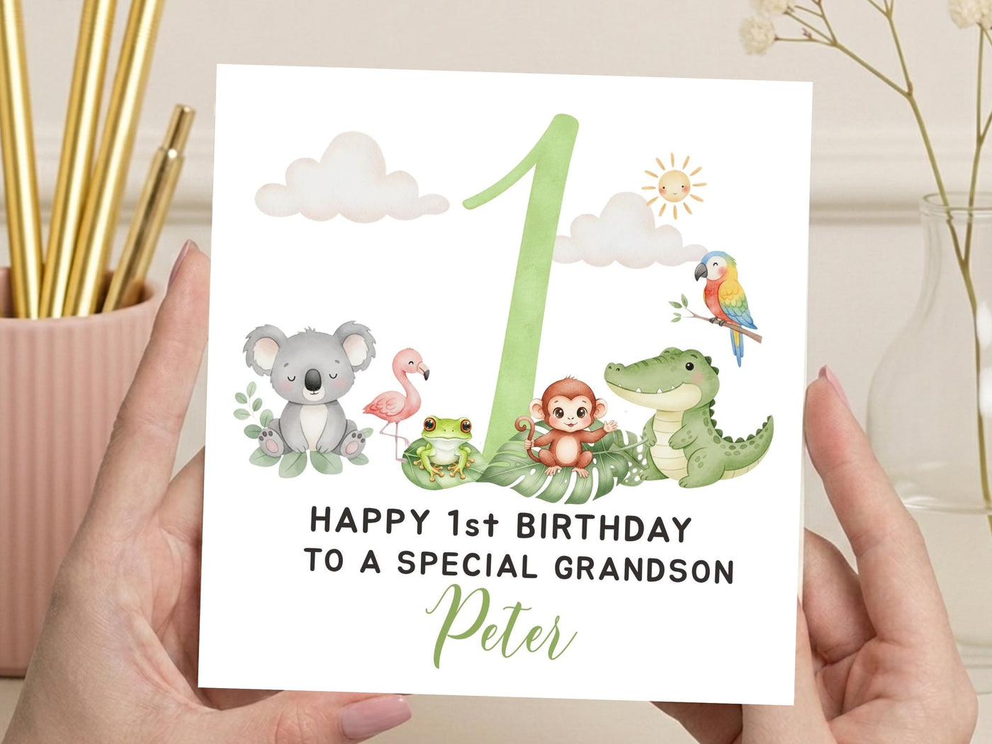 Personalised 1st Birthday Jungle Card - Watercolor Animal Safari Theme - Any Relation