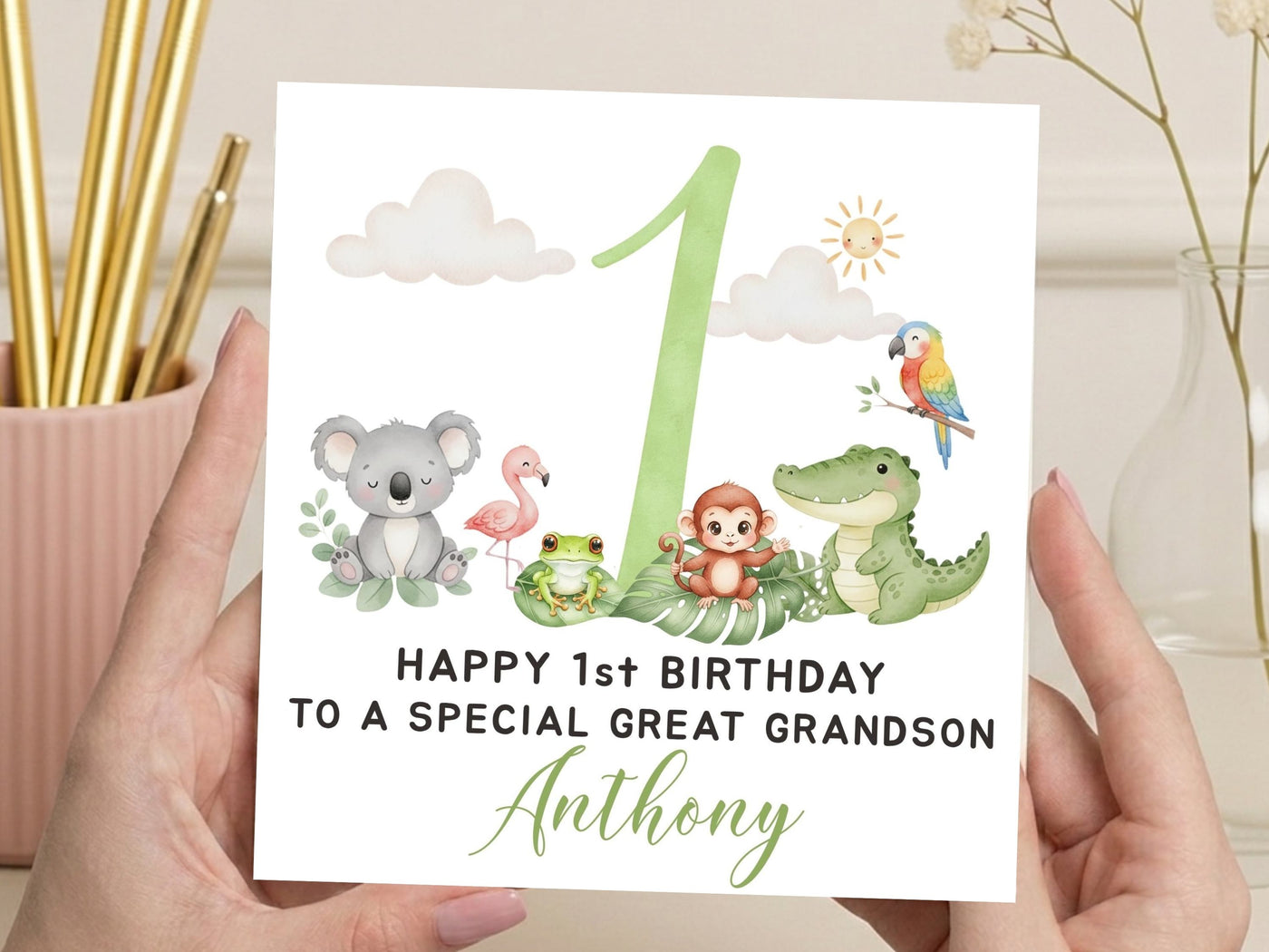 Personalised 1st Birthday Jungle Card - Watercolor Animal Safari Theme - Any Relation
