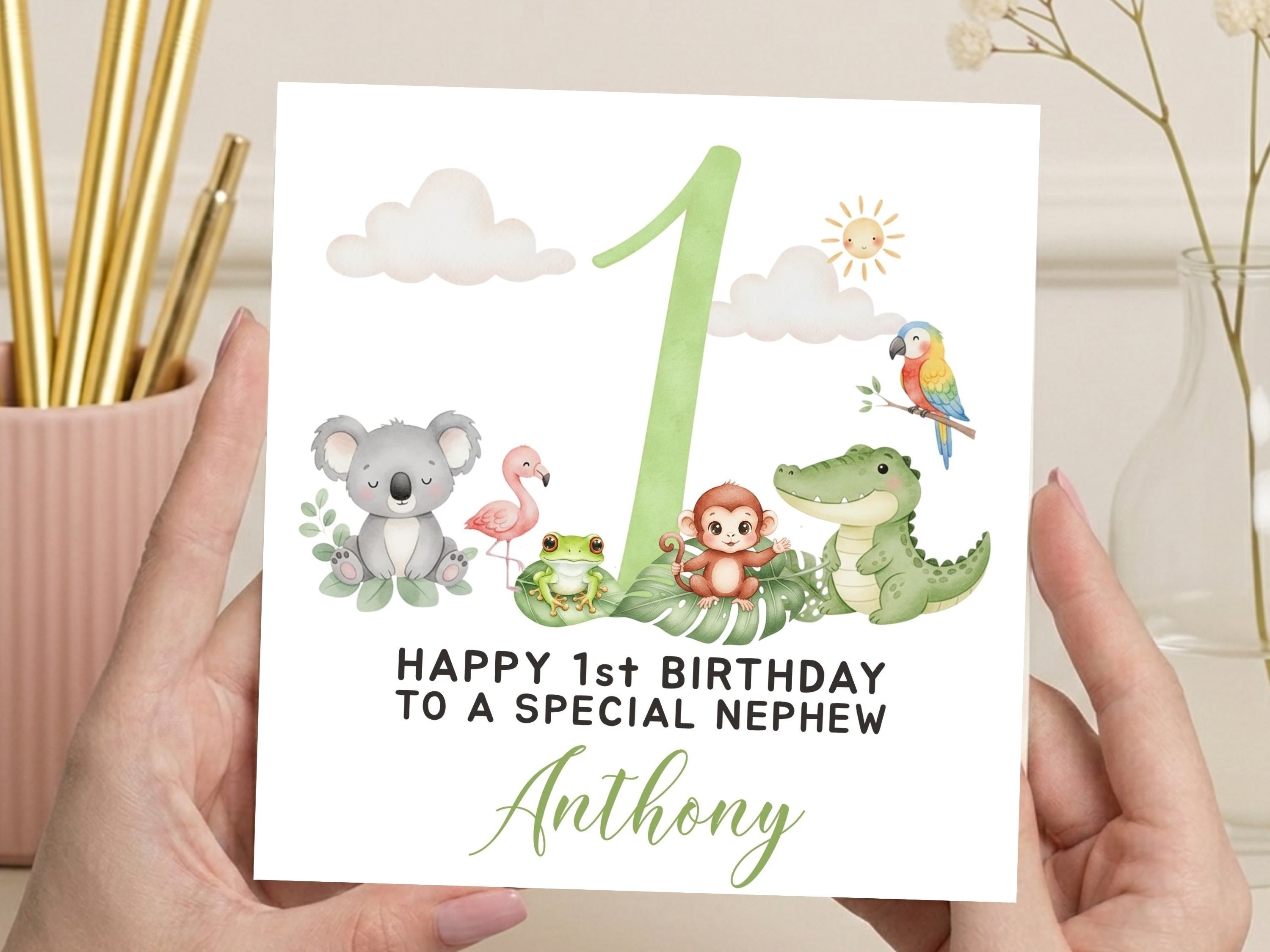 Personalised 1st Birthday Jungle Card - Watercolor Animal Safari Theme - Any Relation