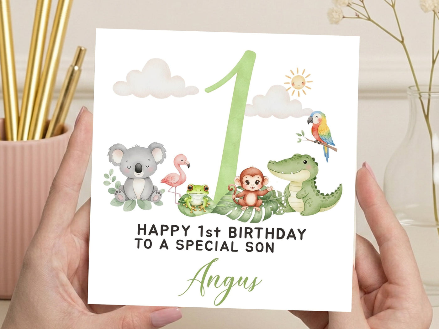 Personalised 1st Birthday Jungle Card - Watercolor Animal Safari Theme - Any Relation
