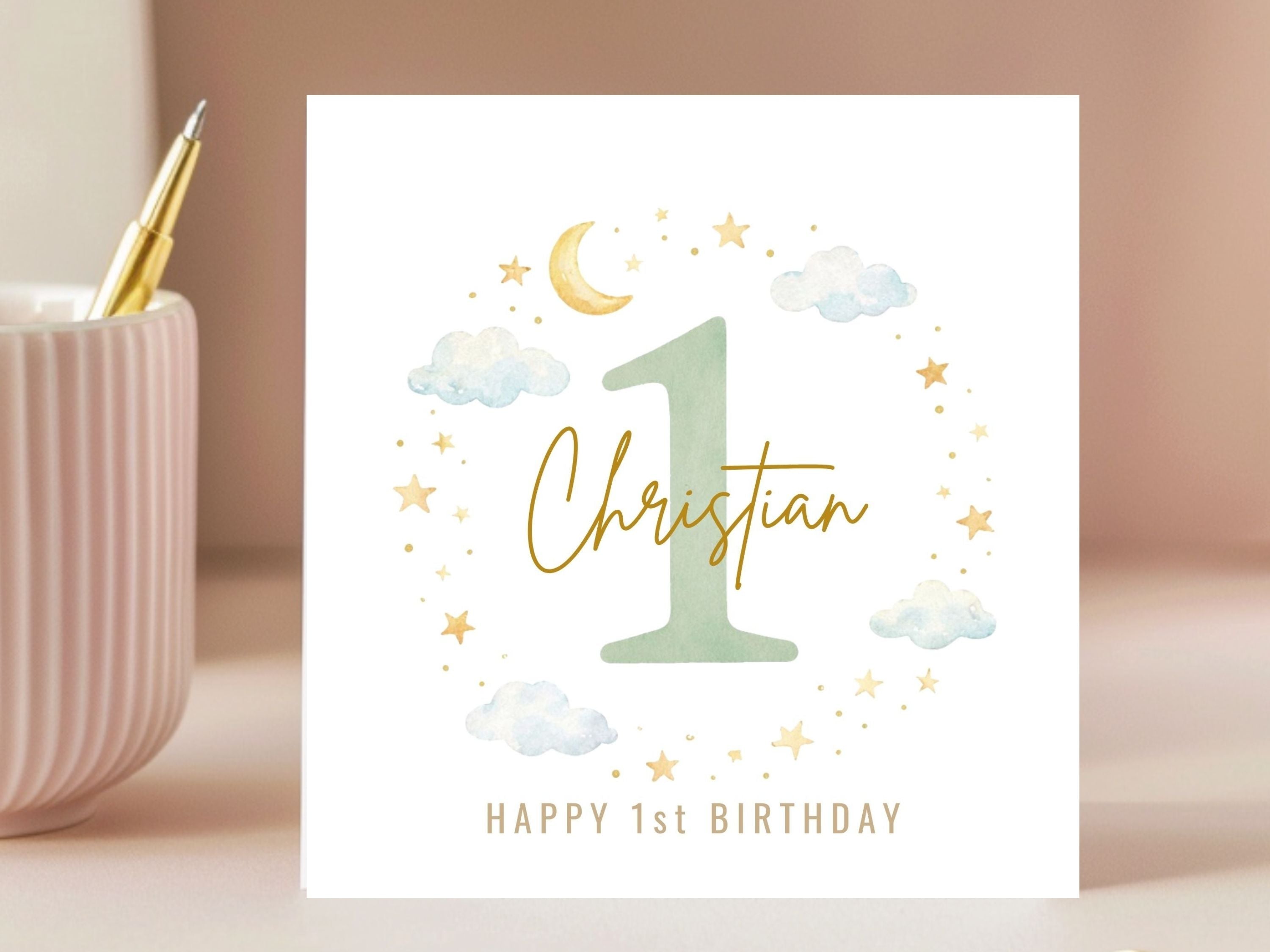 Personalised 1st Birthday Card Boy, Custom Name First Birthday Card, Cute Moon Stars Baby Card, 1 Year Old Birthday Card UK
