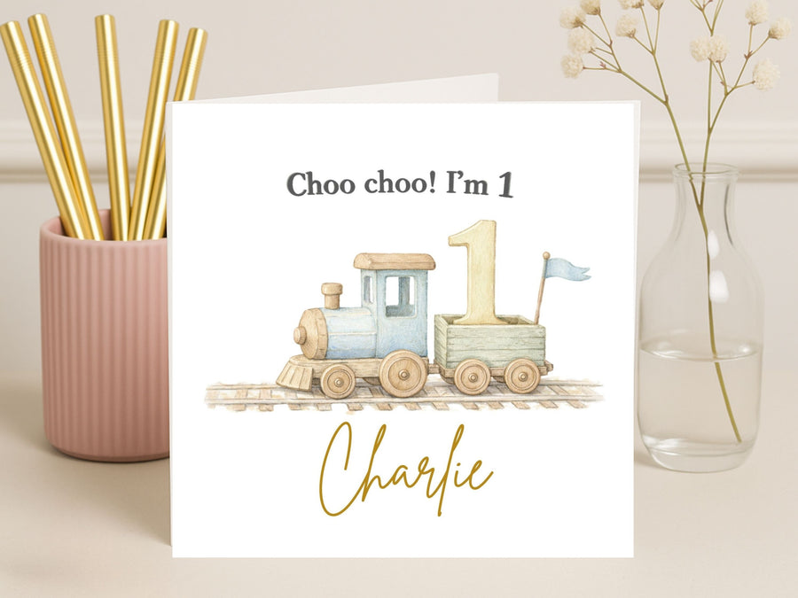 Personalised 1st Birthday Card Boy Train Theme, Custom Name Baby Card, Choo Choo First Birthday Card UK