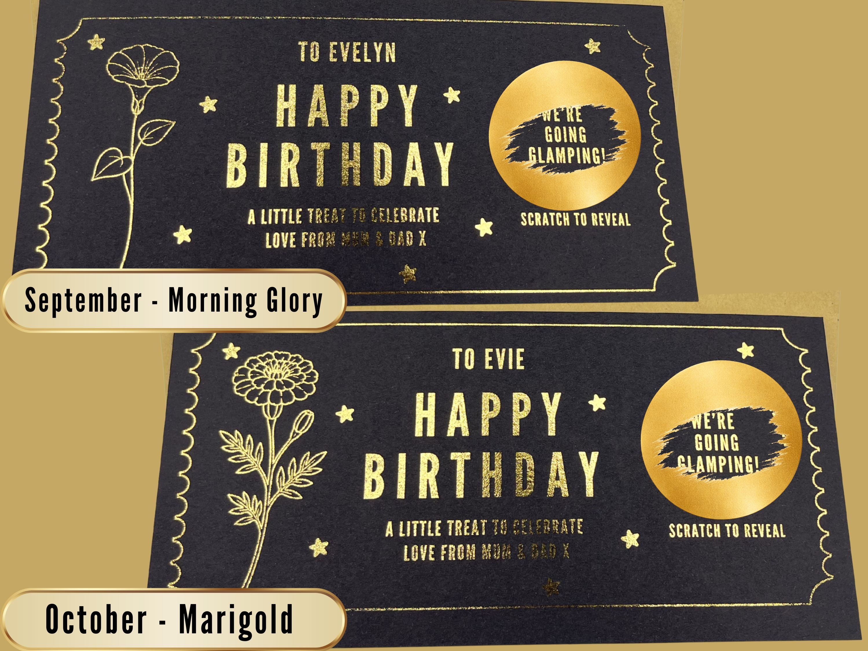 Personalised Gold Birth Month Flower Birthday Scratch Reveal Voucher