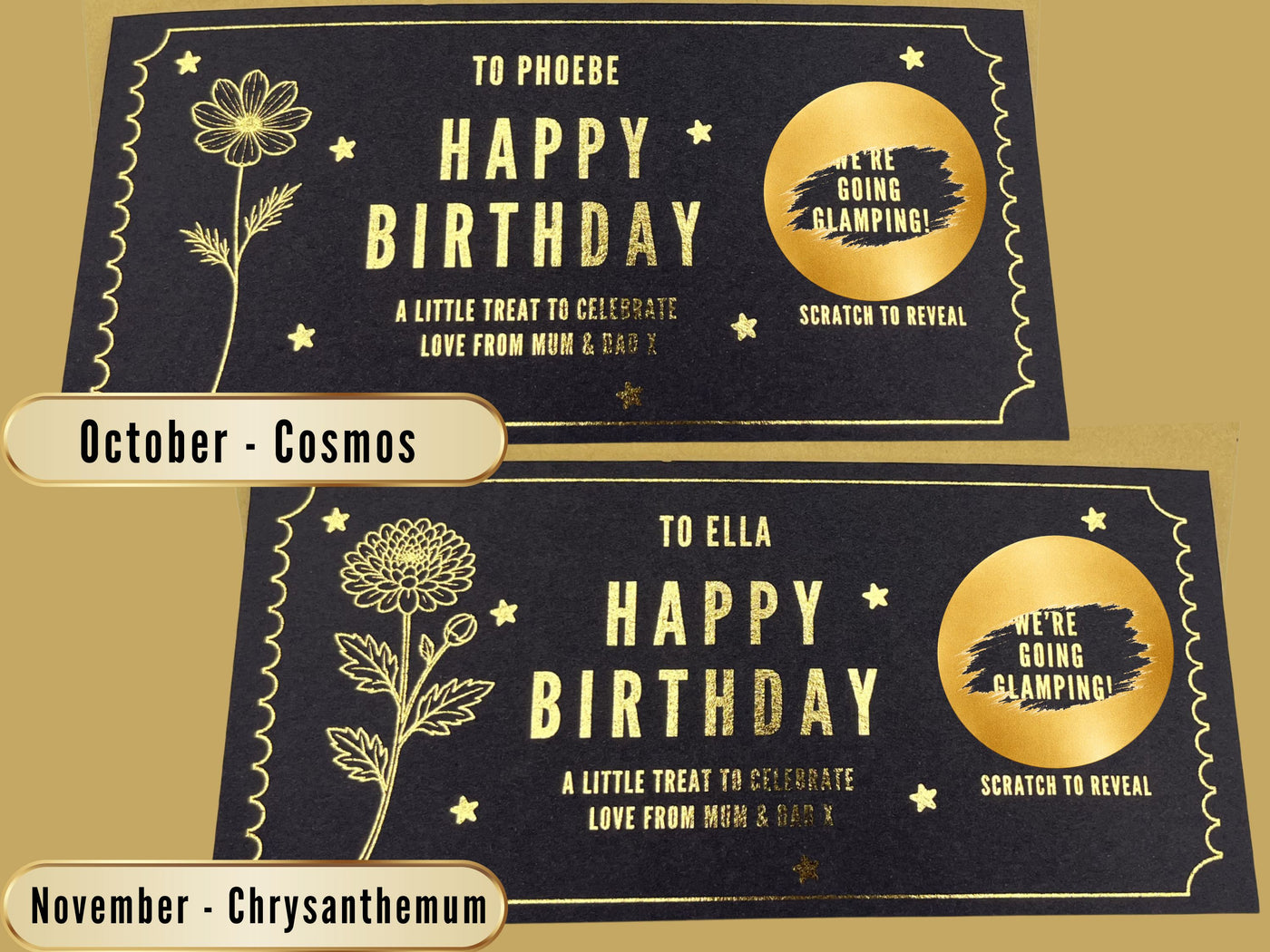 Personalised Gold Birth Month Flower Birthday Scratch Reveal Voucher