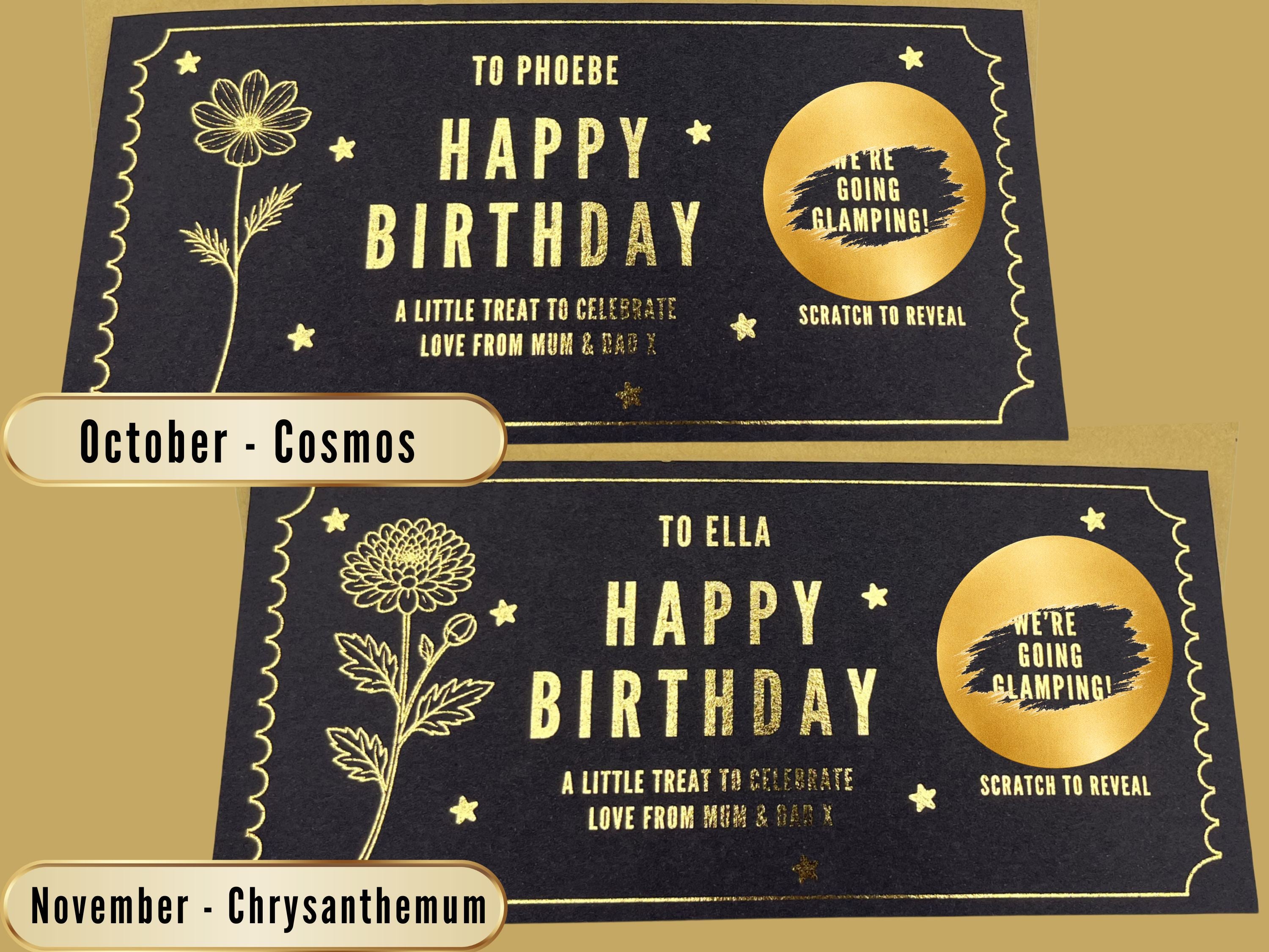 Personalised Gold Birth Month Flower Birthday Scratch Reveal Voucher