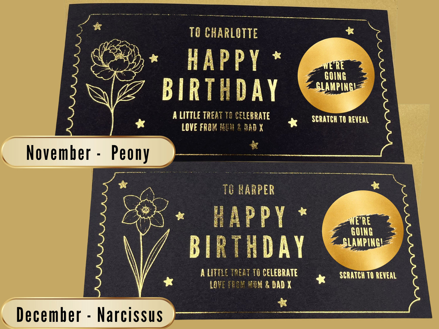 Personalised Gold Birth Month Flower Birthday Scratch Reveal Voucher