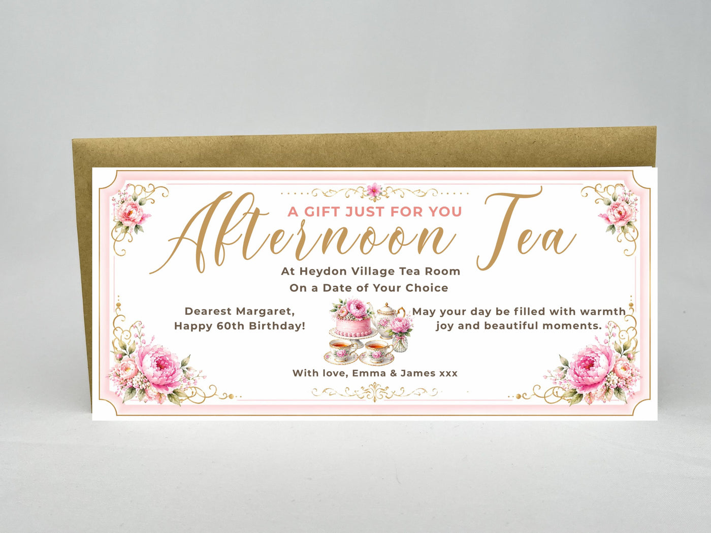 Personalised Afternoon Tea Gift Voucher Card – Elegant Floral Vintage Design