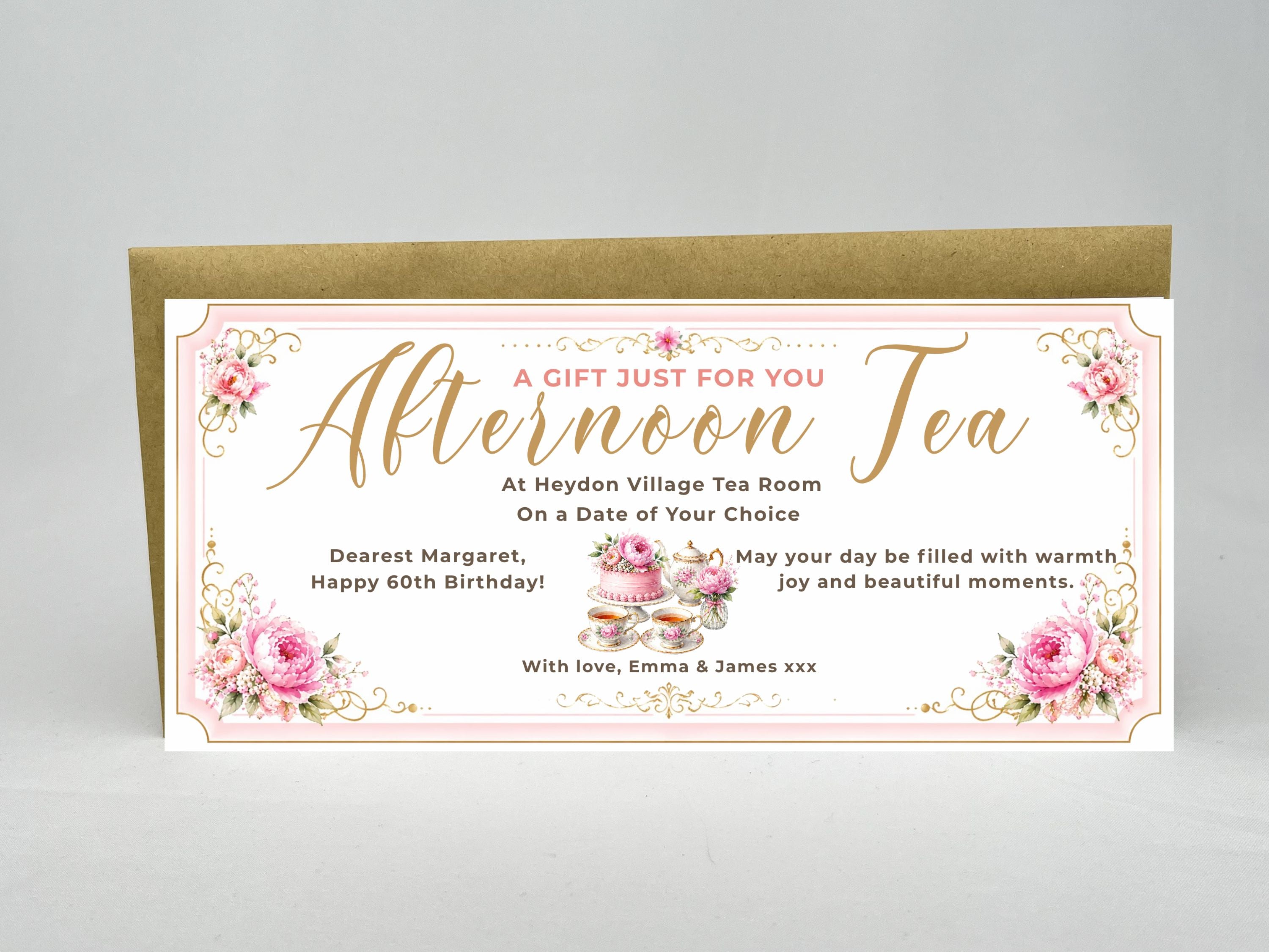 Personalised Afternoon Tea Gift Voucher Card – Elegant Floral Vintage Design