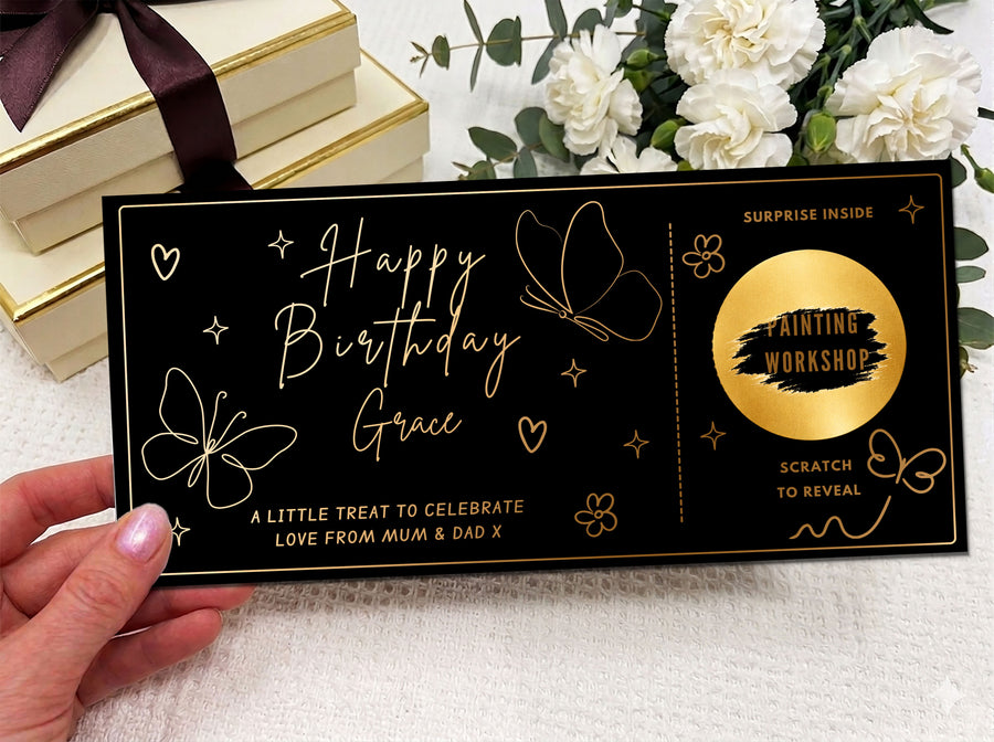 Personalised Butterfly Birthday Scratch Card - Luxury Floral Surprise Reveal Voucher