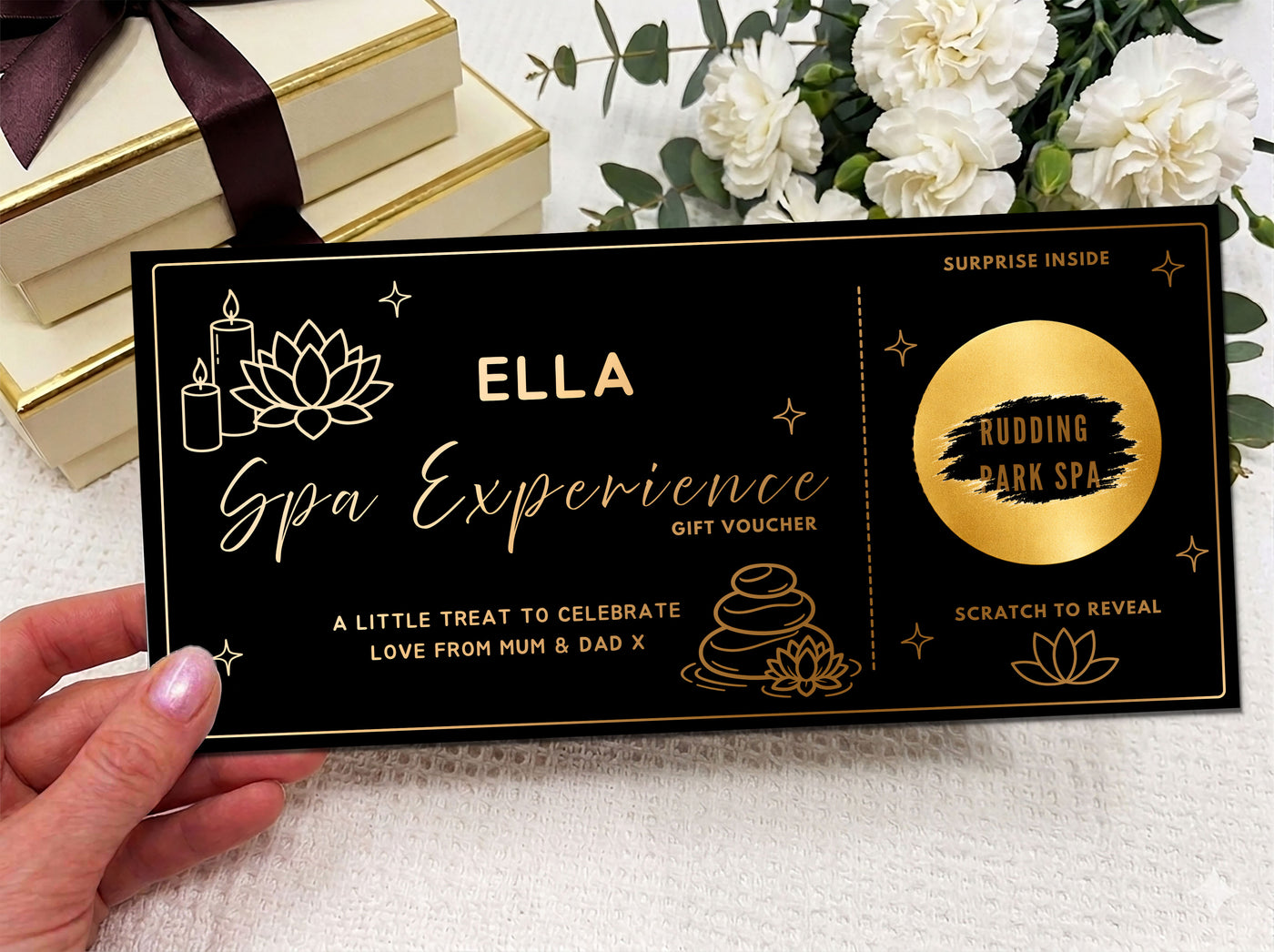 Personalised Spa Experience Gift Voucher - Luxury Gold Scratch Reveal Card