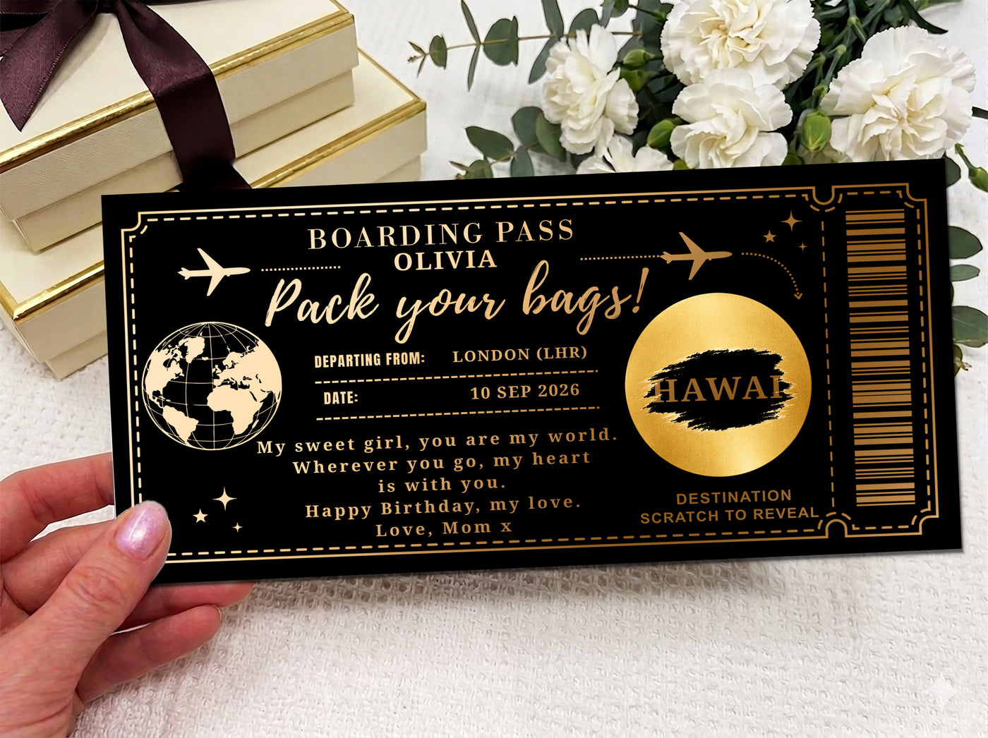 Personalized Boarding Pass Gift Voucher, Physical Travel Gift Ticket, Scratch Off Trip Reveal, Premium Printed Certificate 3 Colors