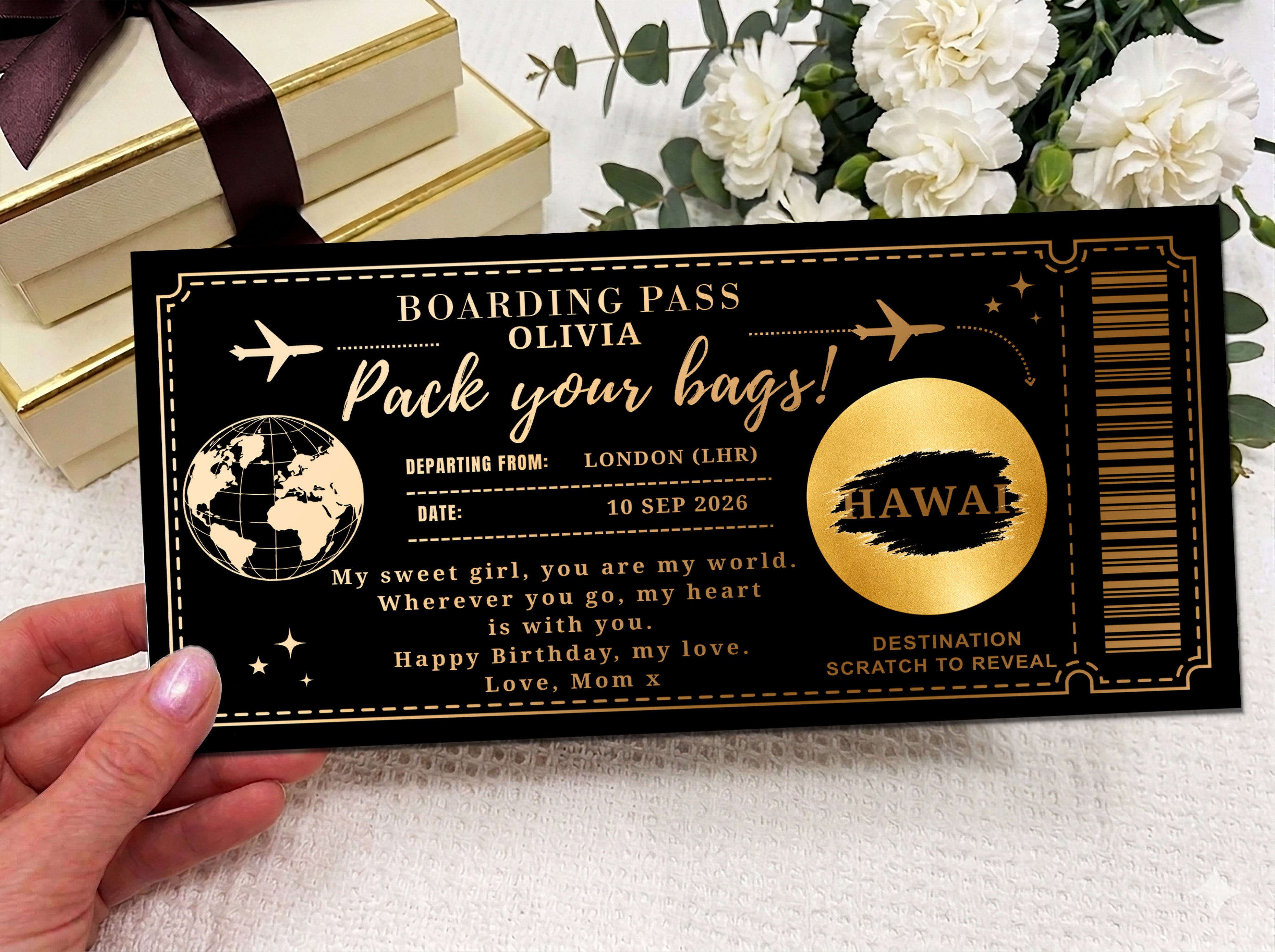 Personalized Boarding Pass Gift Voucher, Physical Travel Gift Ticket, Scratch Off Trip Reveal, Premium Printed Certificate 3 Colors