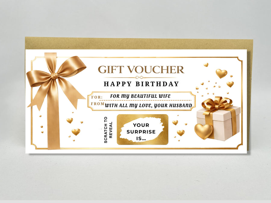 Personalised Luxury Birthday Gift Voucher Scratch Card – Gold Ribbon Reveal for Special Gifts