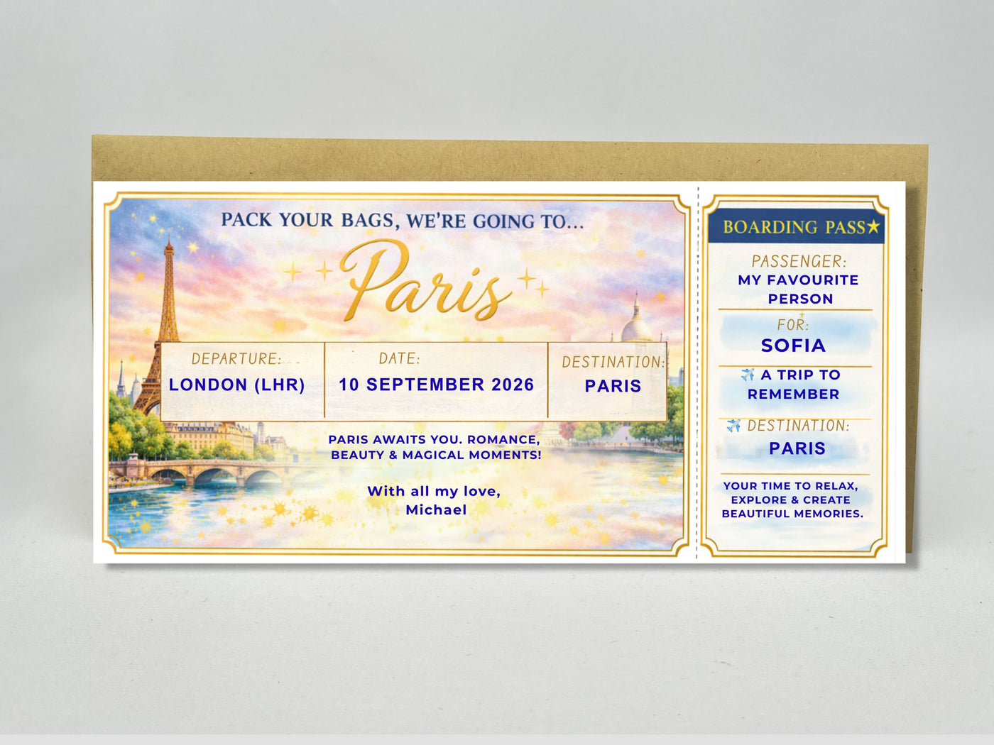 Personalised Surprise Trip Boarding Pass – Gold Scratch Reveal Ticket for Any Holiday Destination